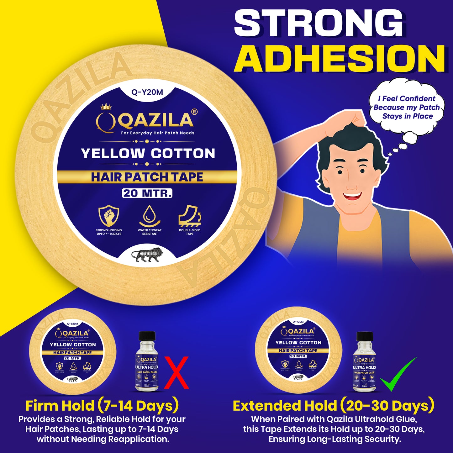 Qazila Yellow Cotton Hair Patch Tape | Strong Hold upto 7-14 Days | Water & Sweat Resistant | Skin-Friendly | 1 inch | 20 Meter Roll