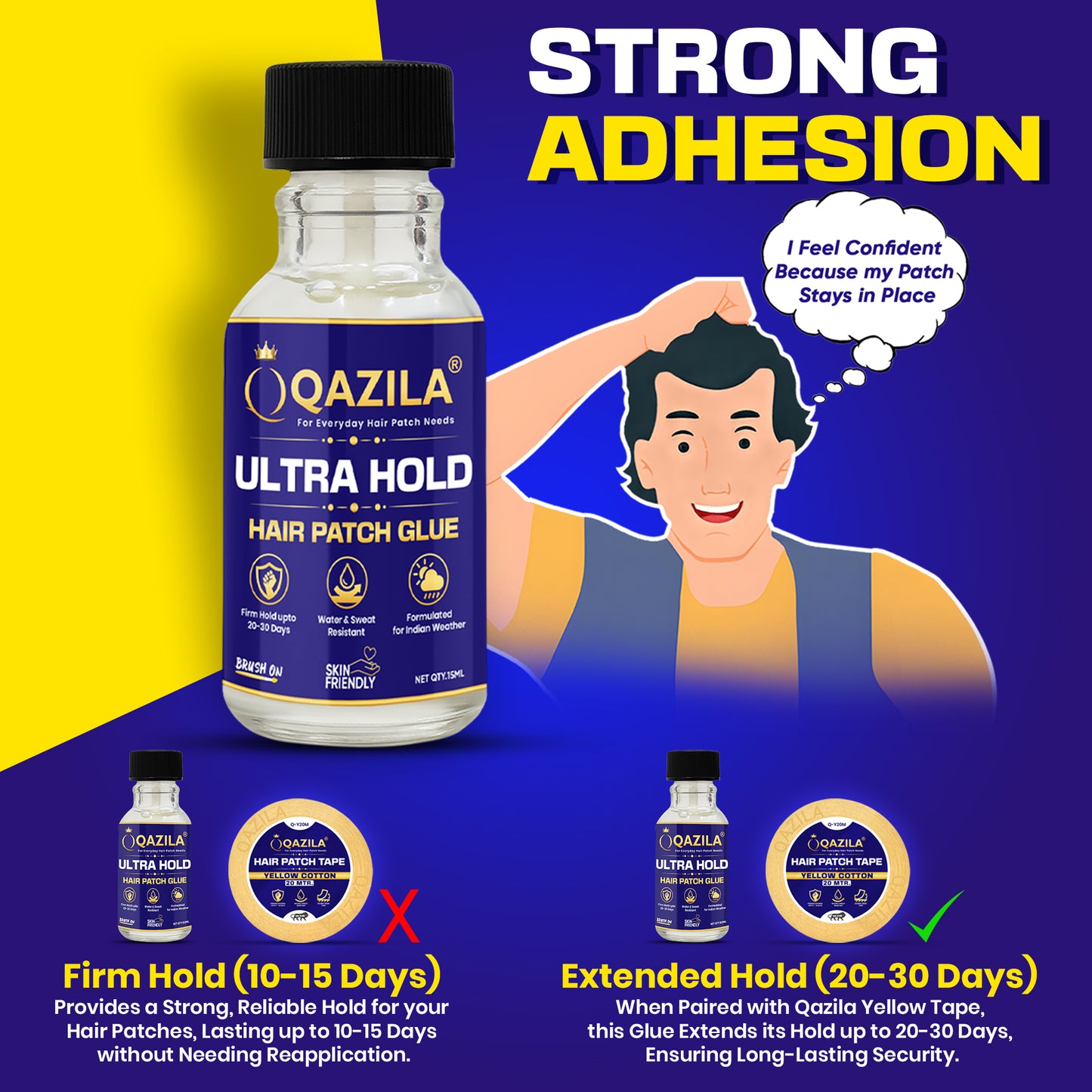 Qazila Ultra Hold Glue For Hair Patch| Strong Hold| Skin-Friendly| Hold upto 3-4 weeks | 15ml
