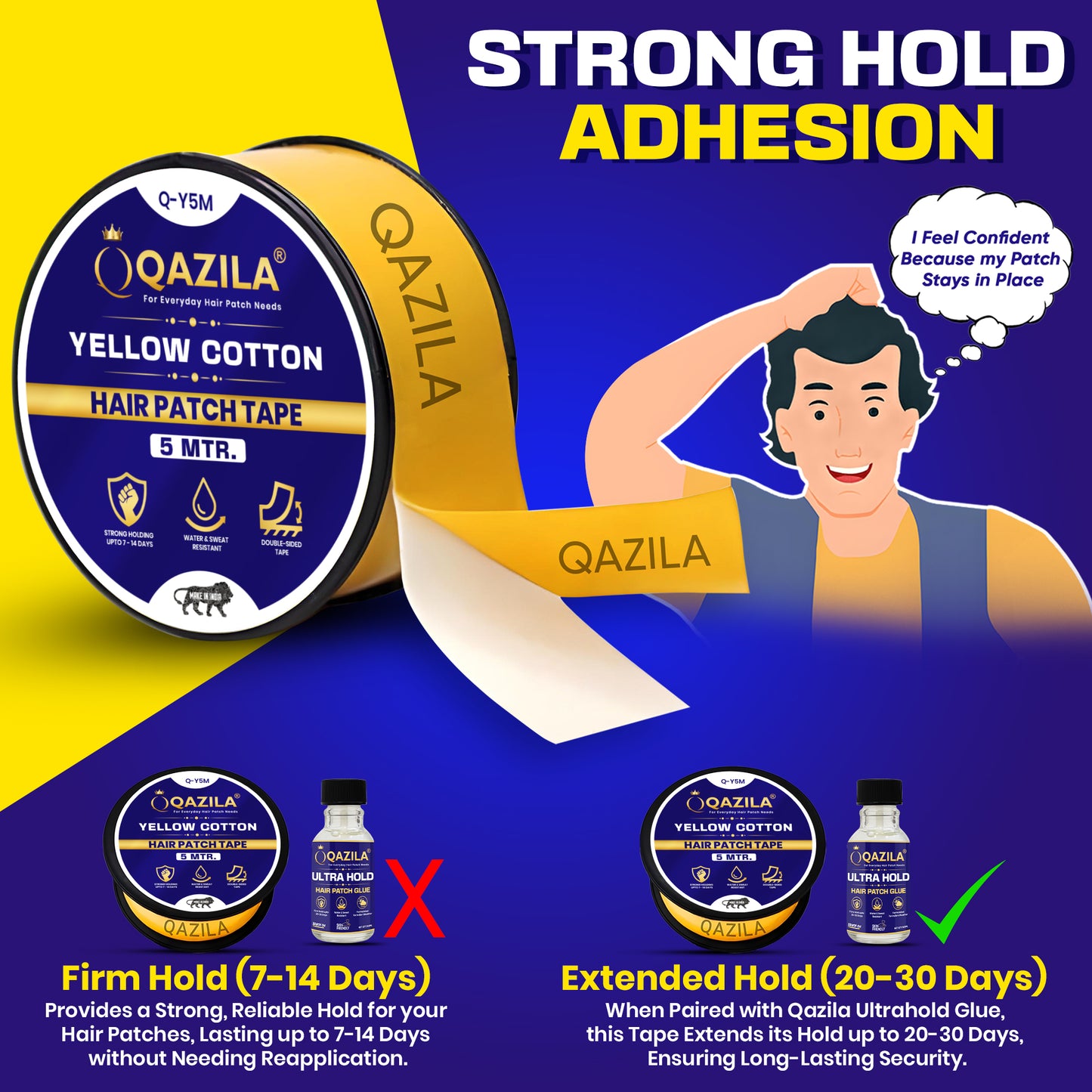 Qazila Hair Patch Tape - Waterproof, Strong Hold for 2 Weeks | Yellow Cotton-Cloth Tape for Hair Replacement Systems (1 Inch, 5m Roll