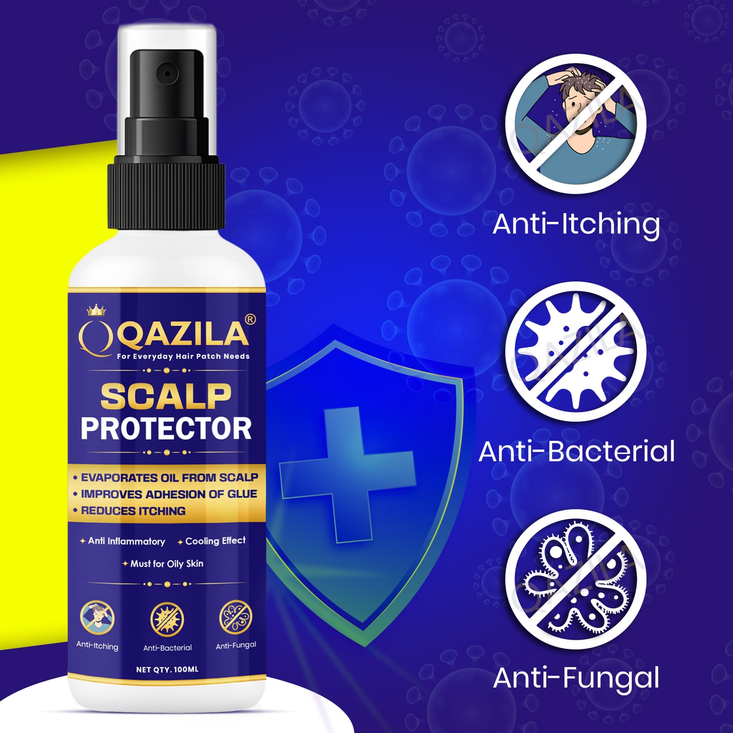 Qazila Scalp Protector Spray for Hair Patch | Anti-Itch & Anti-Bacterial | Enhanced Adhesion for Oily Skin | Alcohol-Free, 100 ml