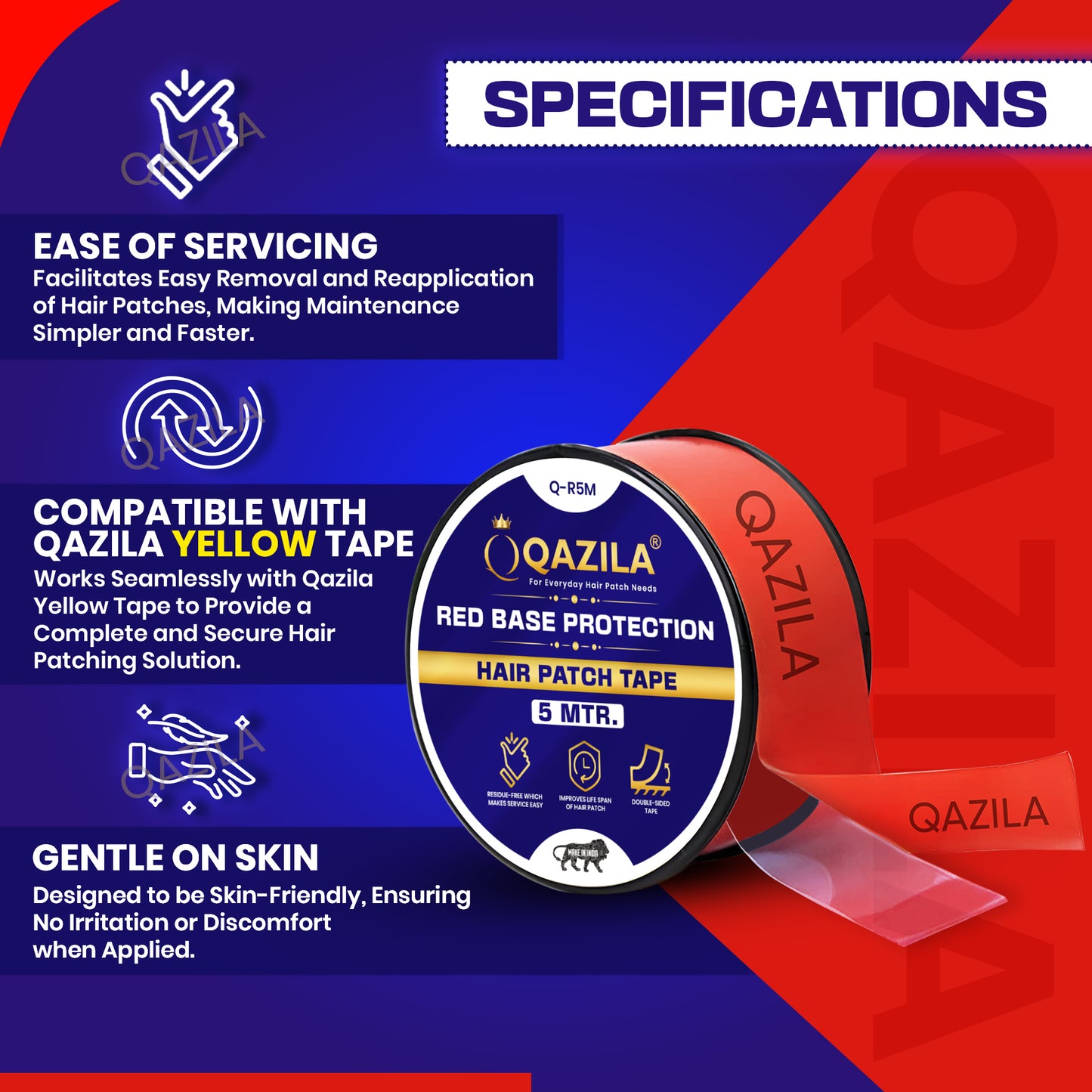 Qazila Red Tape for Hair Patch| Transparent| For Base Protection & Easy Cleanup| Very Low Residue Tape 5mtr