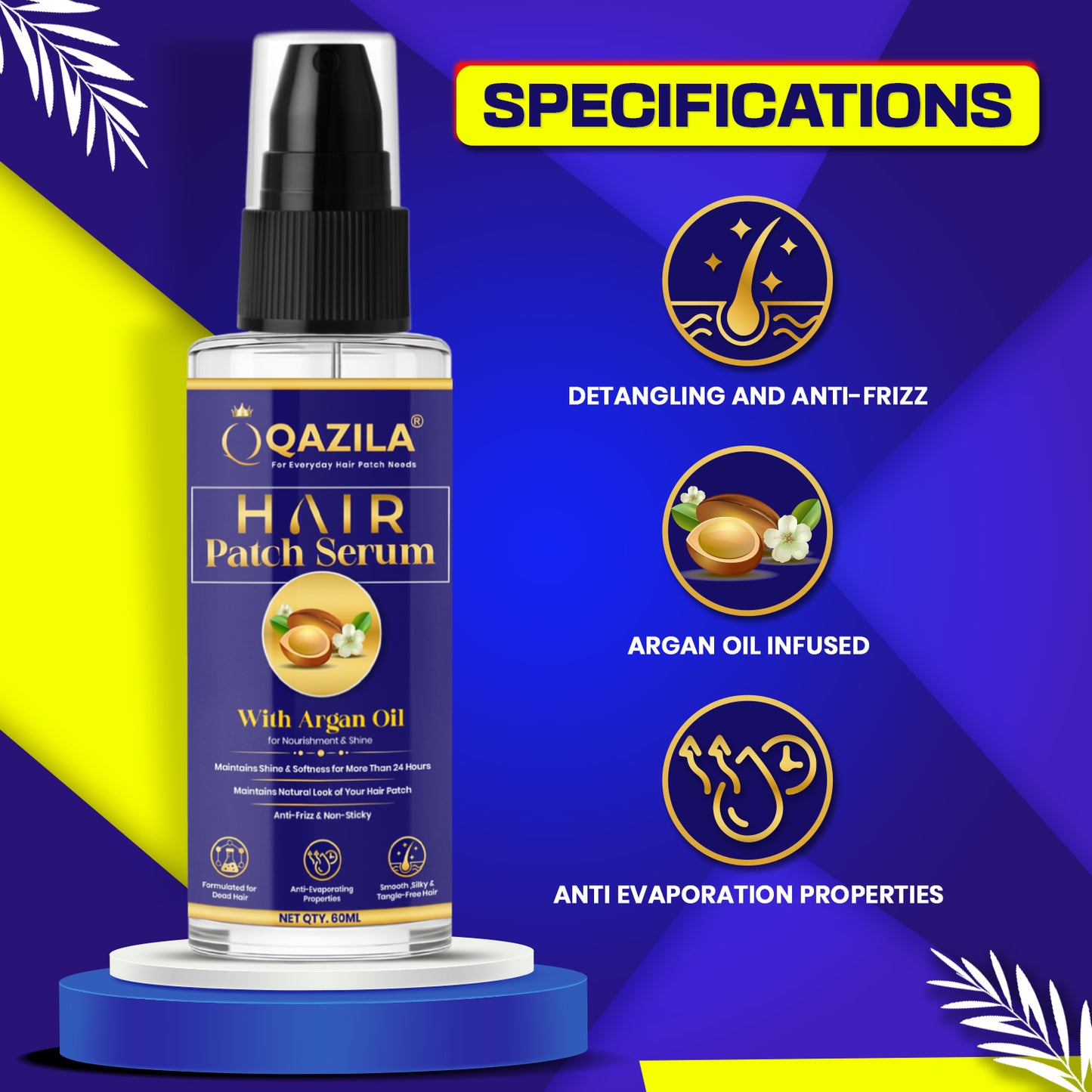 Qazila Hair Patch Serum | 24-Hour Shine & Natural Look | Anti-Frizz Detangling | 60ml