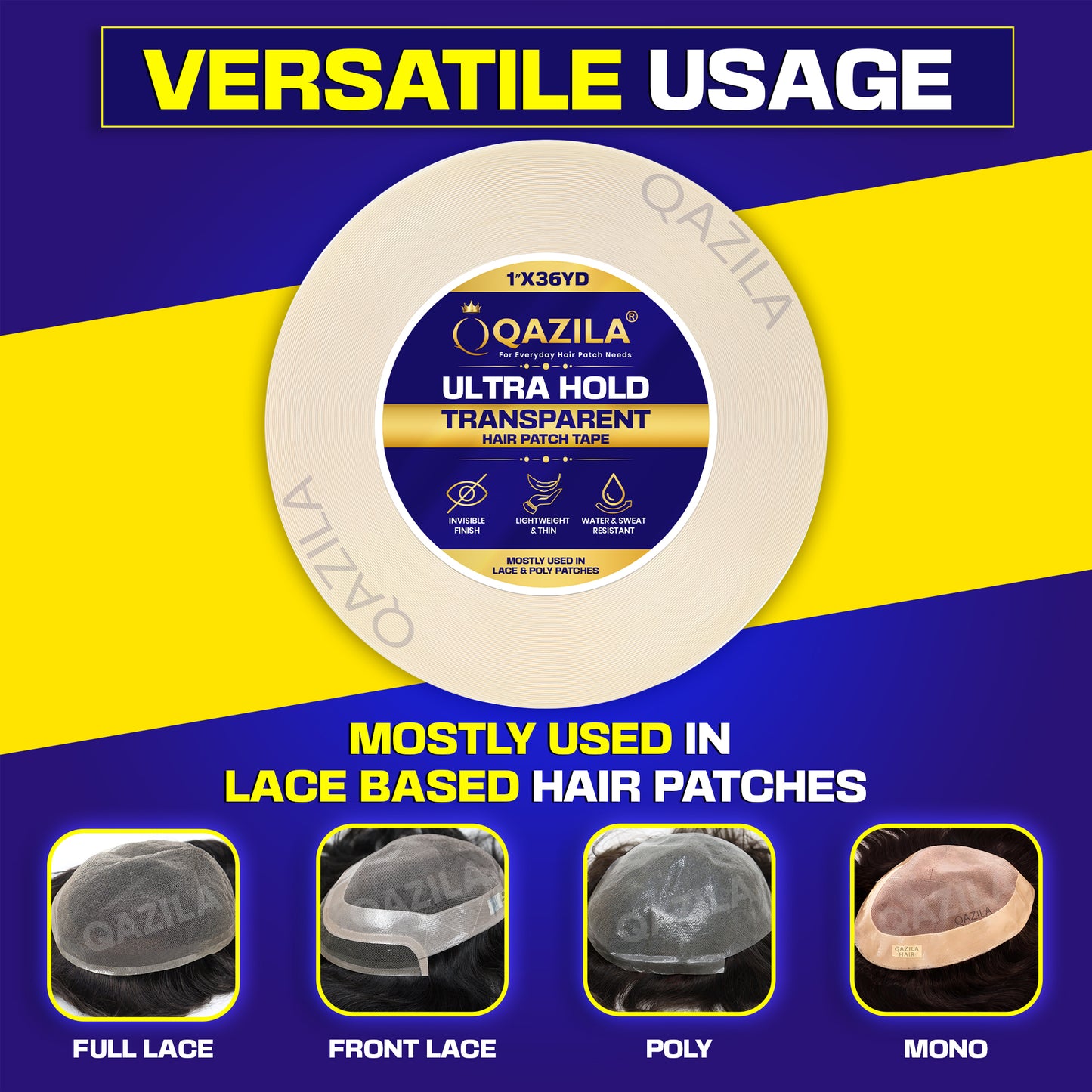 Qazila Ultra Hold Transparent Hair Patch Tape| No shine| Invisible Finish for Undetectable Hairline| Very Stretchy & Comfortable| Extra Strong Hold upto 2 weeks( 20-30 days with Glue)| Skin-Safe | Water & Sweat Resistant | 36 Yard Roll| White