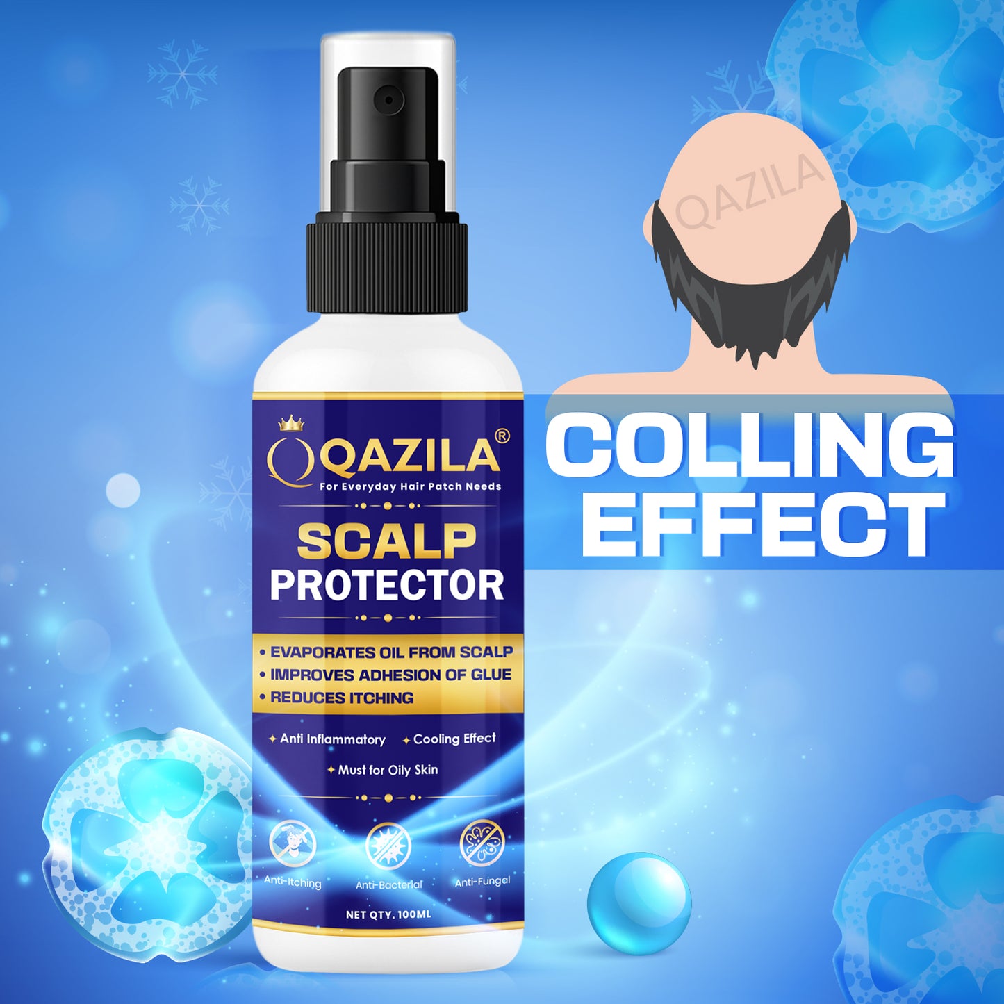 Qazila Scalp Protector Spray for Hair Patch | Anti-Itch & Anti-Bacterial | Enhanced Adhesion for Oily Skin | Alcohol-Free, 100 ml