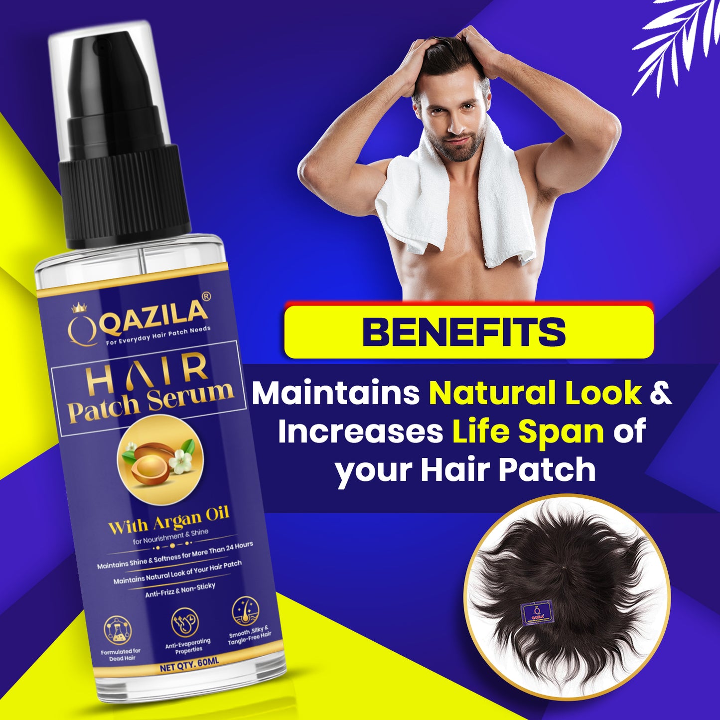Qazila Hair Patch Serum | 24-Hour Shine & Natural Look | Anti-Frizz Detangling | 60ml