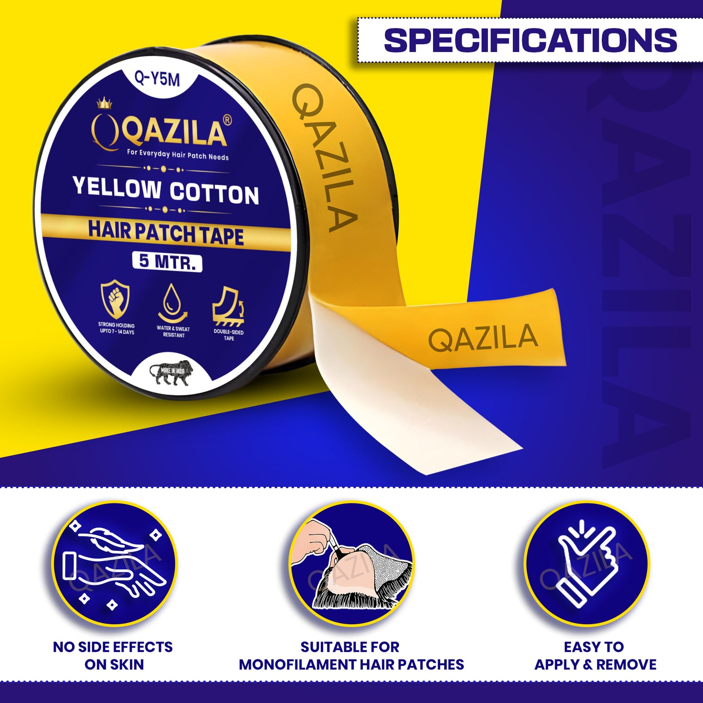 Qazila Hair Patch Tape - Waterproof, Strong Hold for 2 Weeks | Yellow Cotton-Cloth Tape for Hair Replacement Systems (1 Inch, 5m Roll