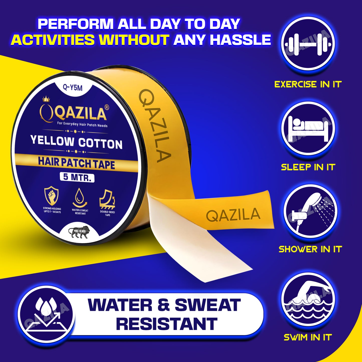 Qazila Hair Patch Tape - Waterproof, Strong Hold for 2 Weeks | Yellow Cotton-Cloth Tape for Hair Replacement Systems (1 Inch, 5m Roll