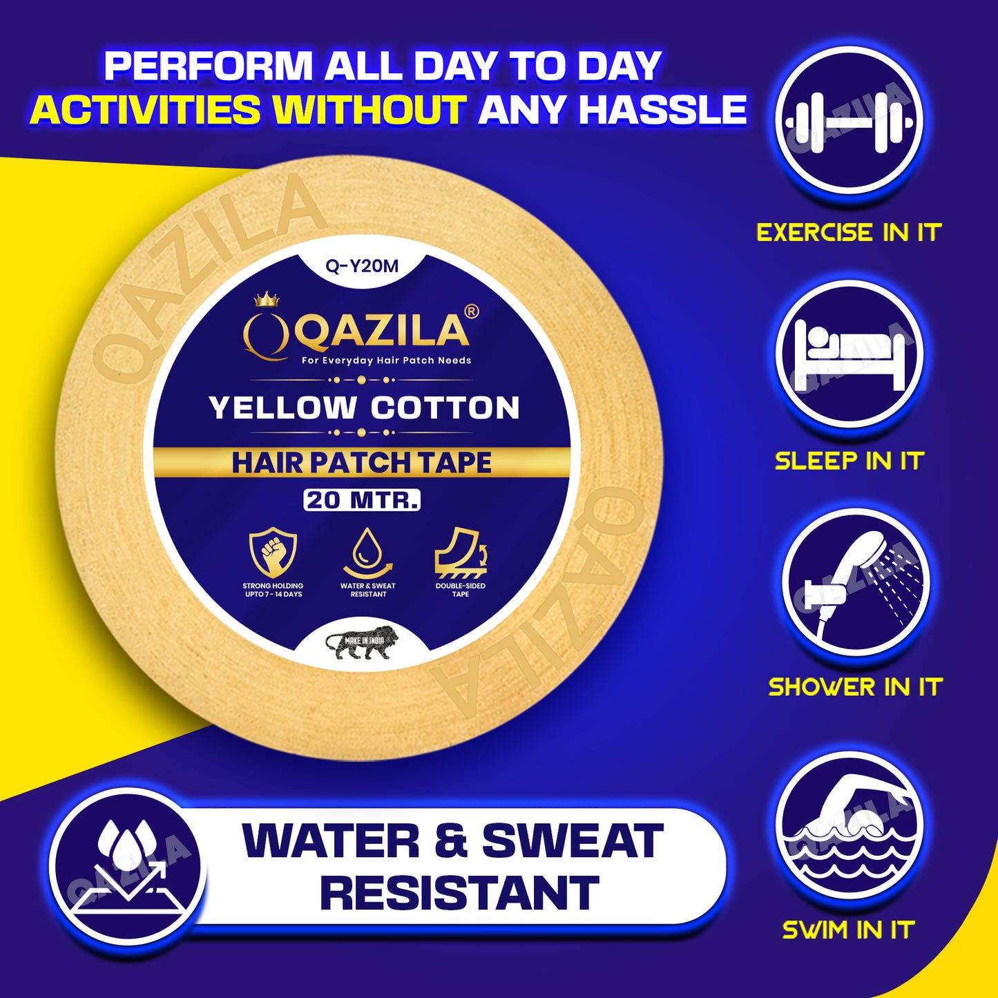 Qazila Yellow Cotton Hair Patch Tape | Strong Hold upto 7-14 Days | Water & Sweat Resistant | Skin-Friendly | 1 inch | 20 Meter Roll