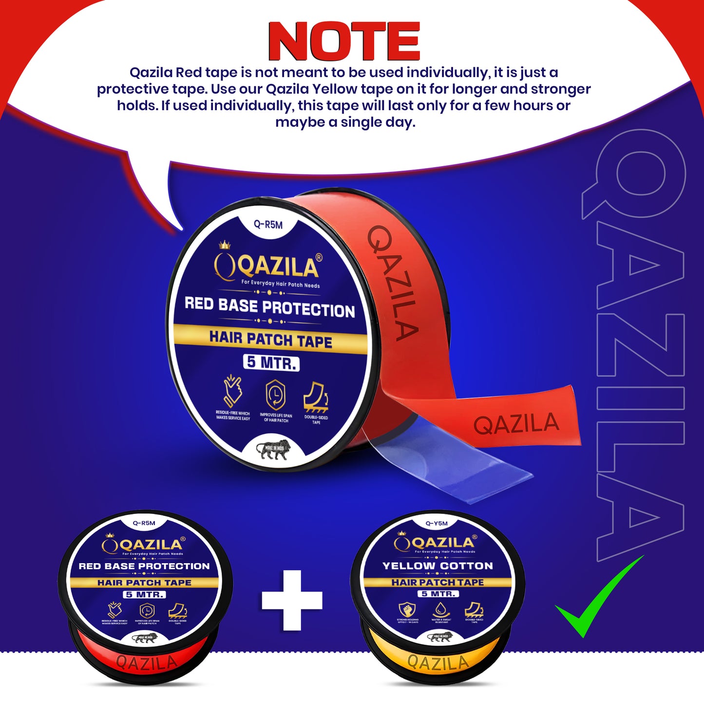 Qazila Red Tape for Hair Patch| Transparent| For Base Protection & Easy Cleanup| Very Low Residue Tape 5mtr