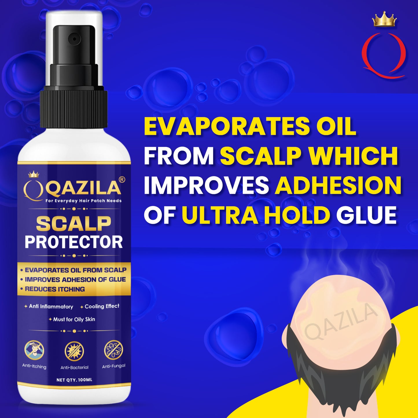 Qazila Scalp Protector Spray for Hair Patch | Anti-Itch & Anti-Bacterial | Enhanced Adhesion for Oily Skin | Alcohol-Free, 100 ml