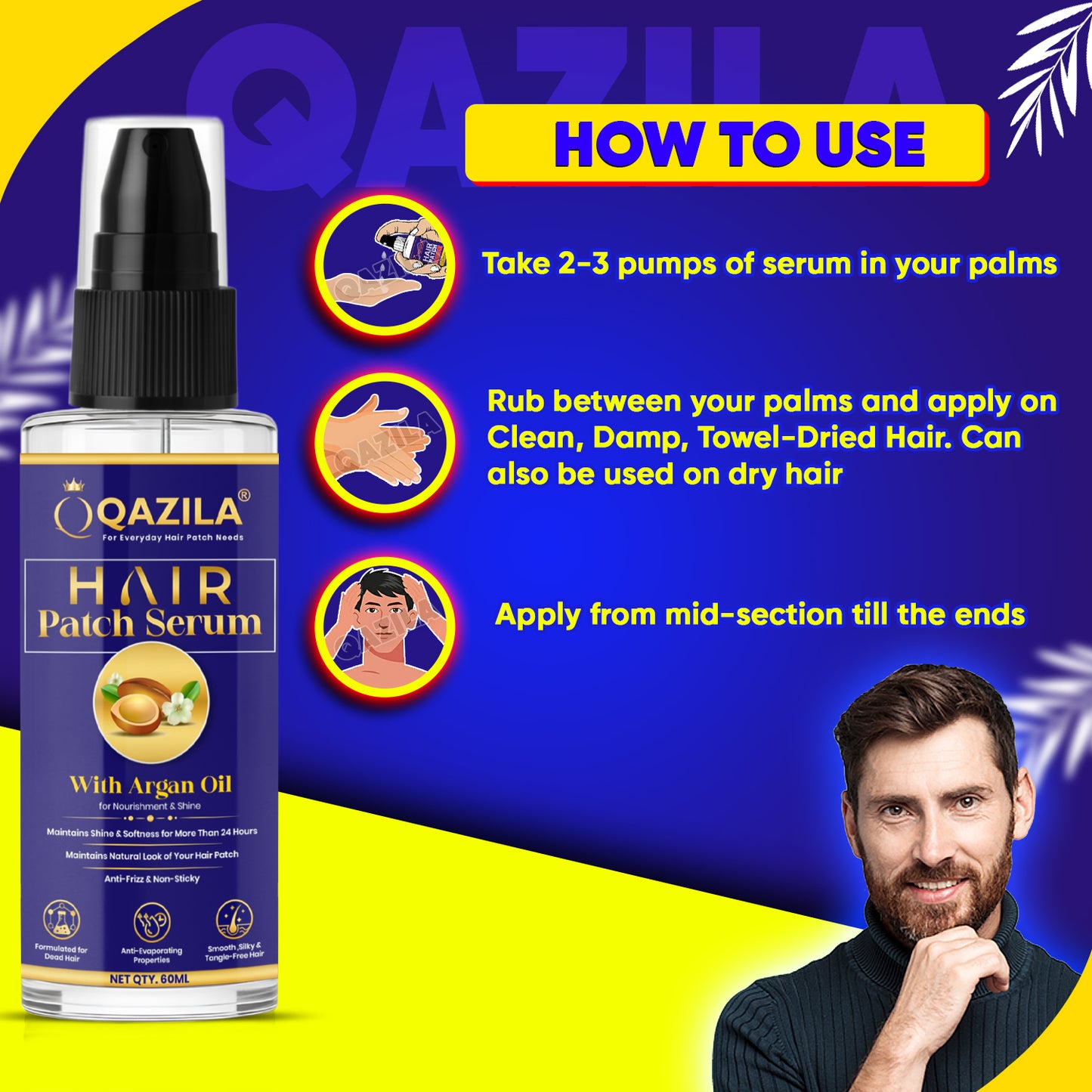 Qazila Hair Patch Serum | 24-Hour Shine & Natural Look | Anti-Frizz Detangling | 60ml