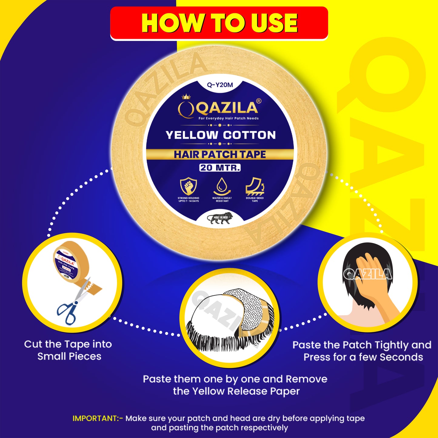 Qazila Yellow Cotton Hair Patch Tape | Strong Hold upto 7-14 Days | Water & Sweat Resistant | Skin-Friendly | 1 inch | 20 Meter Roll