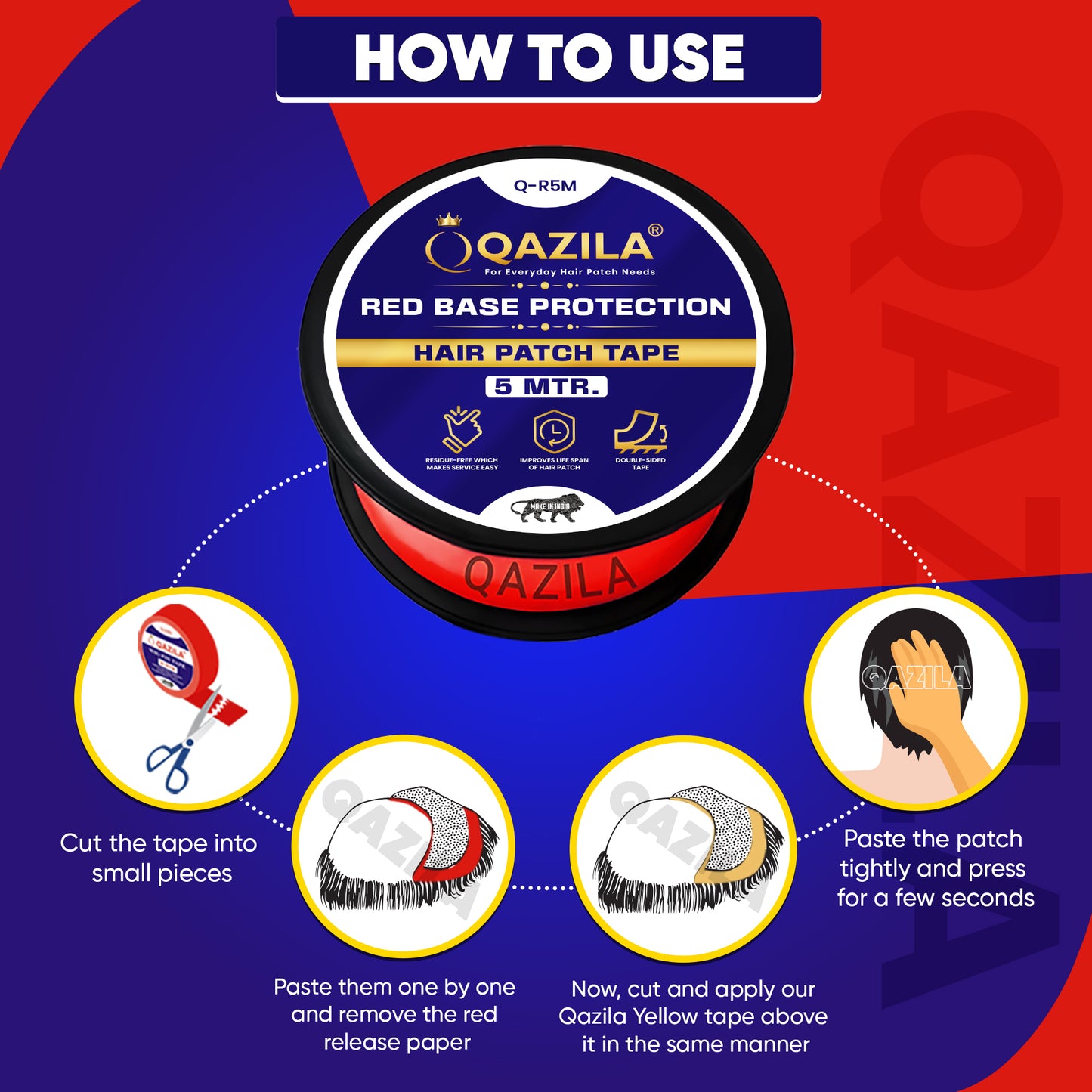 Qazila Red Tape for Hair Patch| Transparent| For Base Protection & Easy Cleanup| Very Low Residue Tape 5mtr