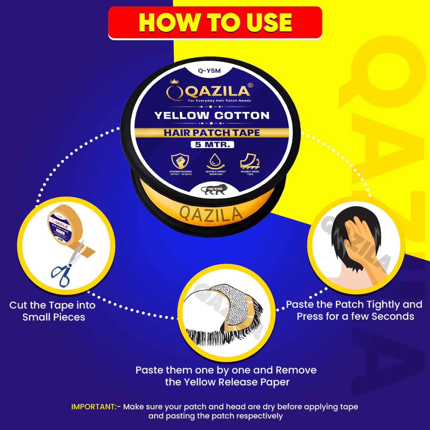 Qazila Hair Patch Tape - Waterproof, Strong Hold for 2 Weeks | Yellow Cotton-Cloth Tape for Hair Replacement Systems (1 Inch, 5m Roll