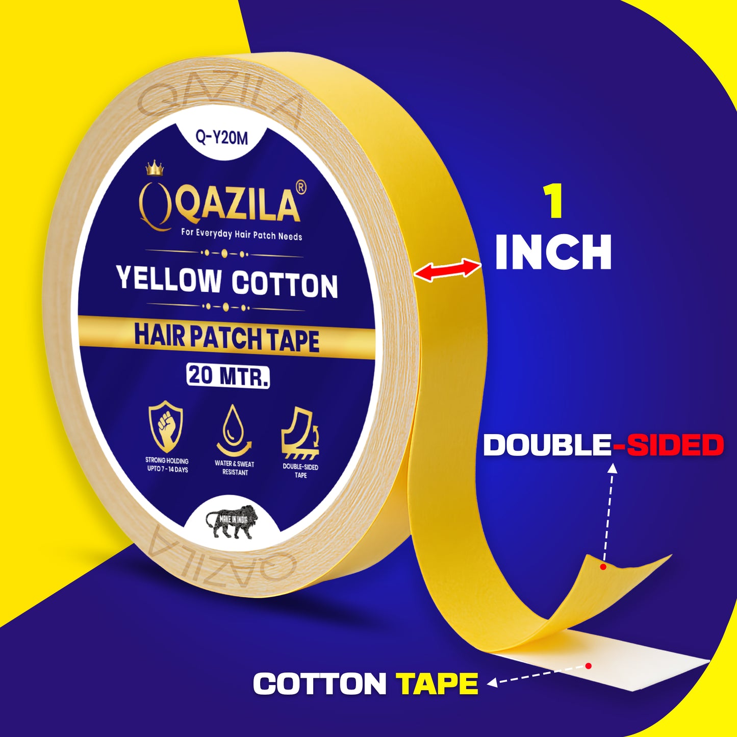 Qazila Yellow Cotton Hair Patch Tape | Strong Hold upto 7-14 Days | Water & Sweat Resistant | Skin-Friendly | 1 inch | 20 Meter Roll