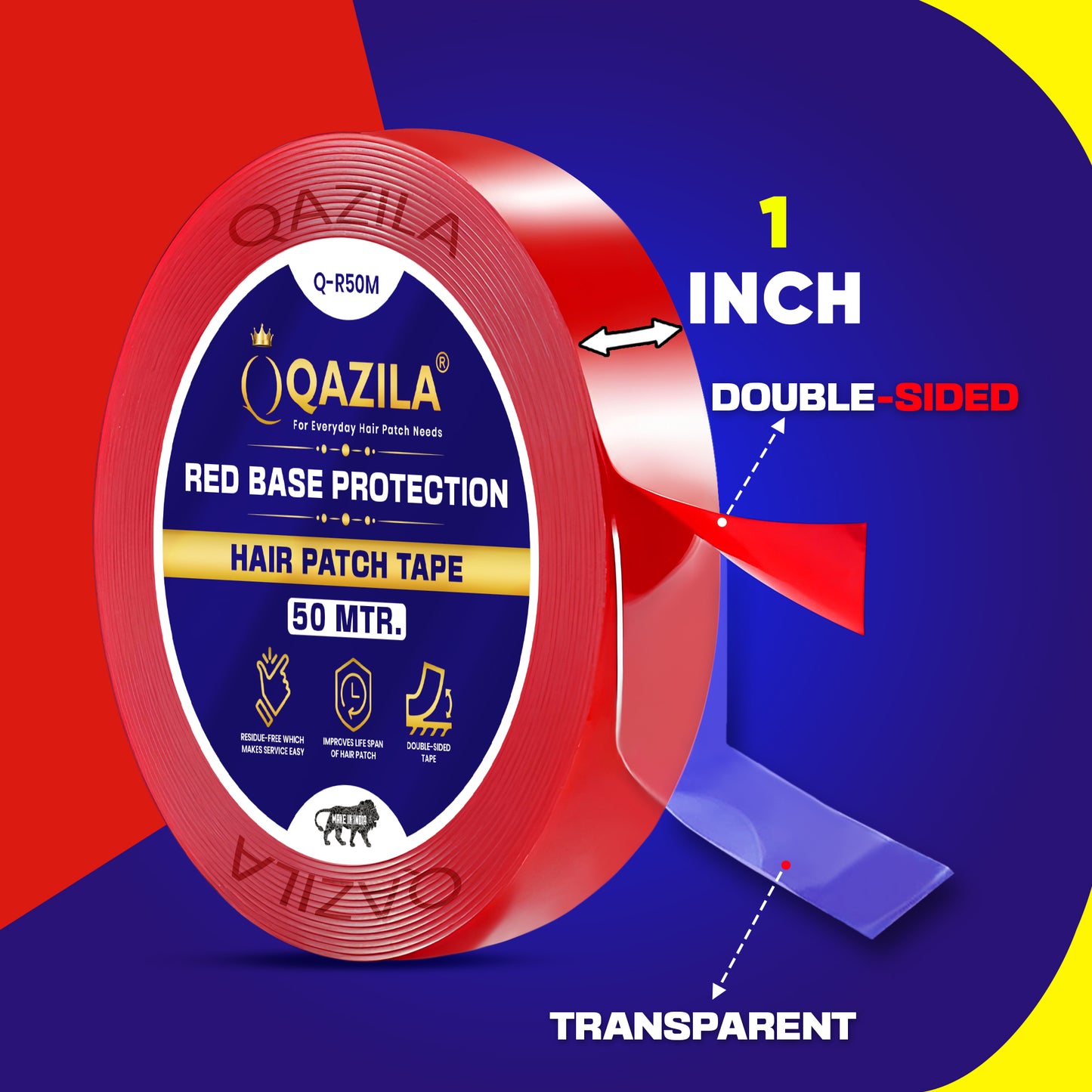 Qazila Red Tape for Hair Patch| Transparent| For Base Protection & Easy Cleanup| Very Low Residue Tape| 50 Meters