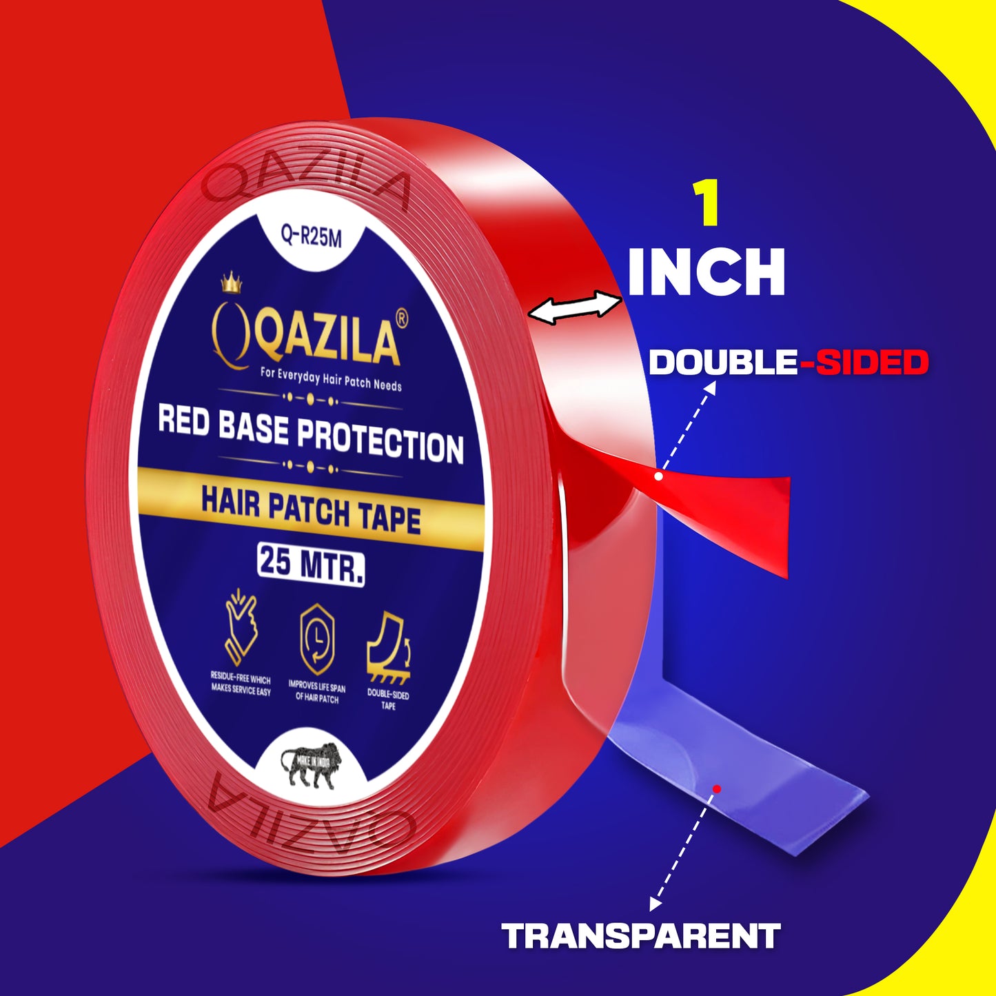 Qazila Red Base Protection Tape for Hair Patch| Transparent| Residue-Free & Easy Cleanup| 1 Inch| 25 Meter Roll