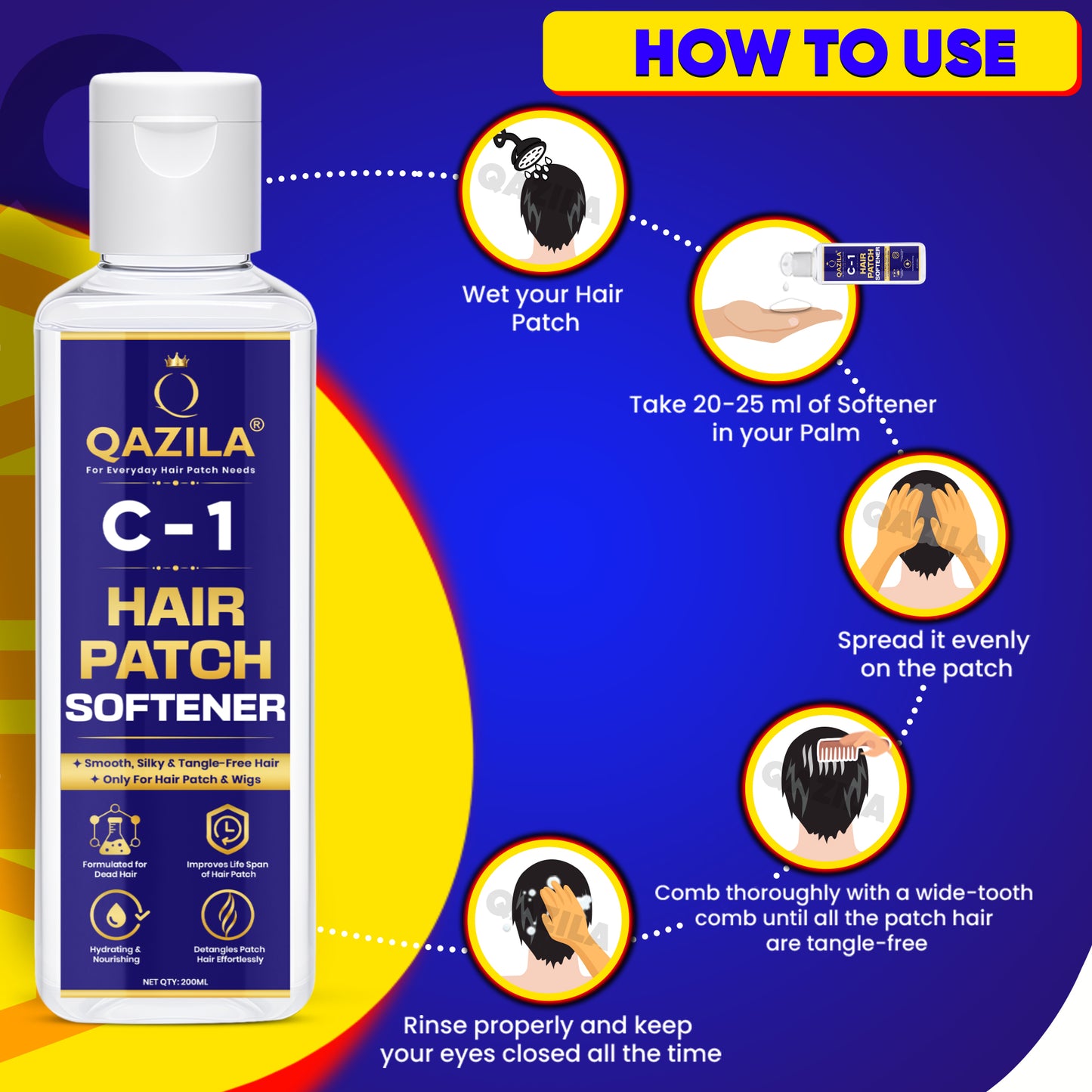 Qazila C-1 Hair Patch Softener| Hair Patch Conditioner| Hair Patch Wash Chemical| Soft, Silky and Tangle-Free Hair| 200ml