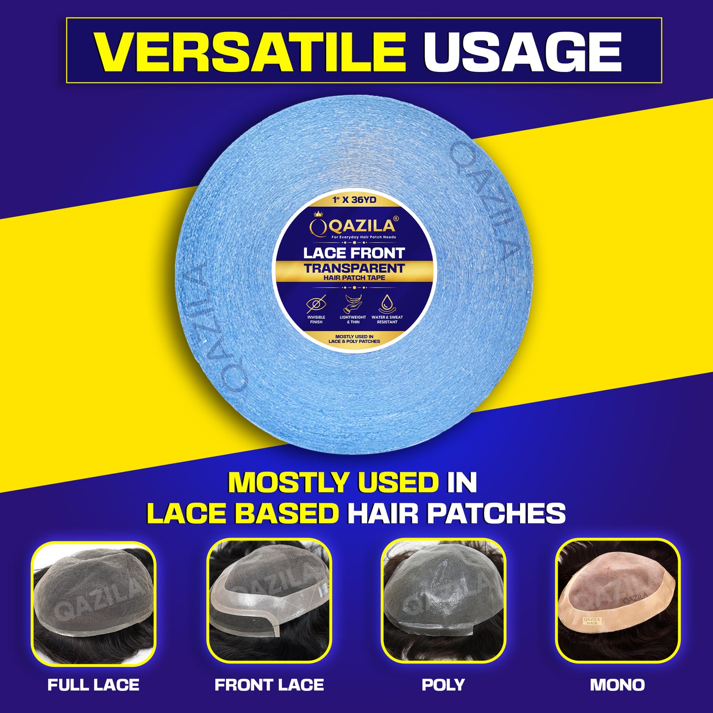 Qazila Lace Front Tape For Hair Patch & Wigs| Transparent with Dull Finish| Undetectable| Very Stretchy and Comfortable| Hypoallergenic 36YD