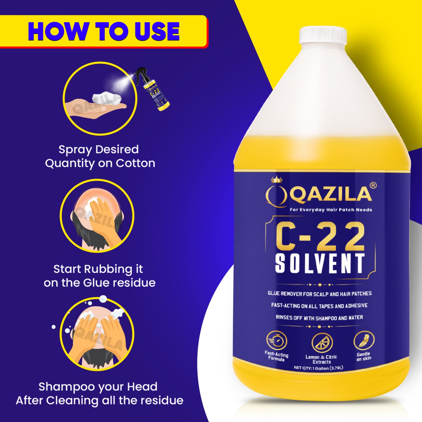 Qazila C-22 Solvent | Adhesive Remover For Hair Patch & Wigs | Fast-Acting | Citrus Flavour | 3.79 Ltr| 1 Galon