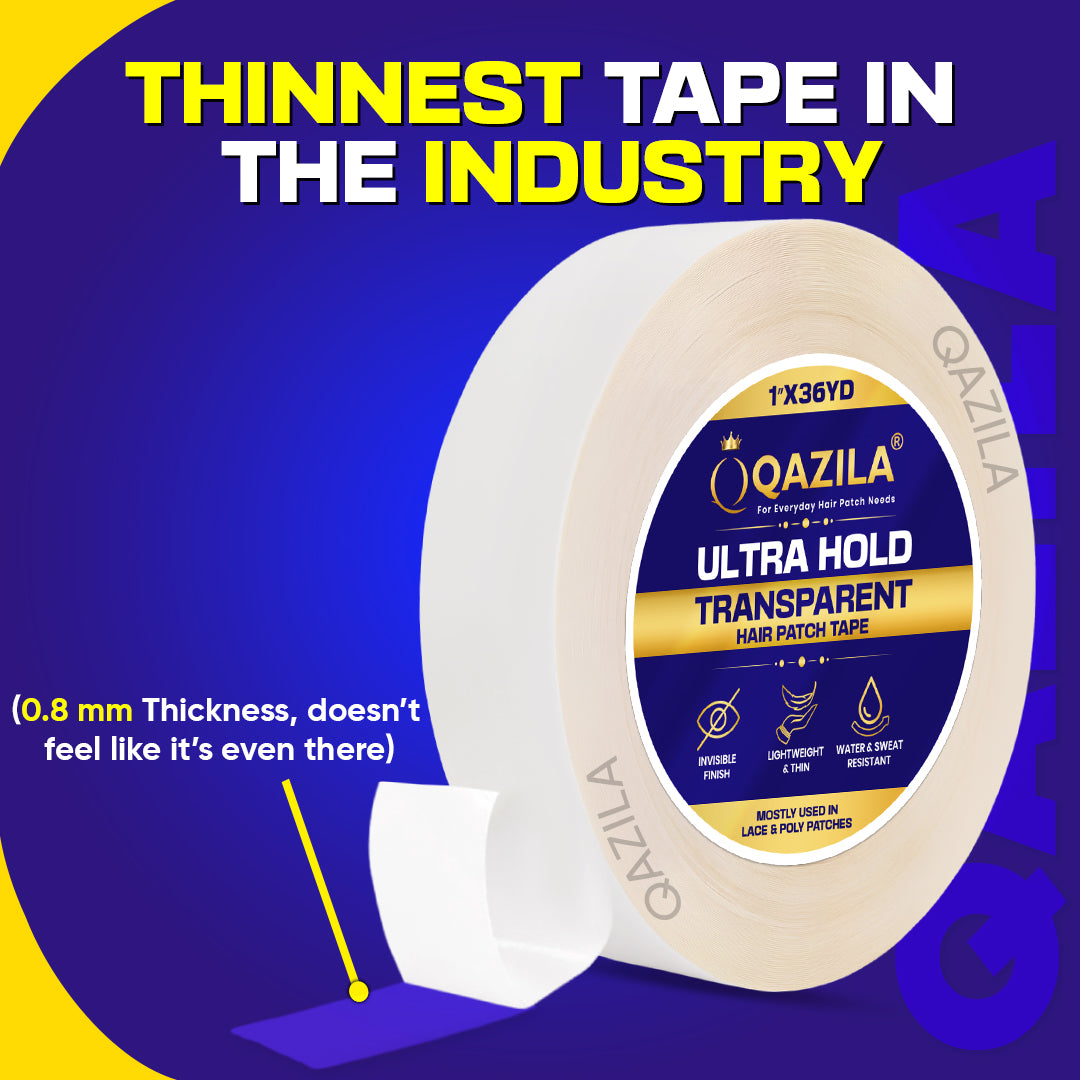 Qazila Ultra Hold Transparent Hair Patch Tape| No shine| Invisible Finish for Undetectable Hairline| Very Stretchy & Comfortable| Extra Strong Hold upto 2 weeks( 20-30 days with Glue)| Skin-Safe | Water & Sweat Resistant | 36 Yard Roll| White