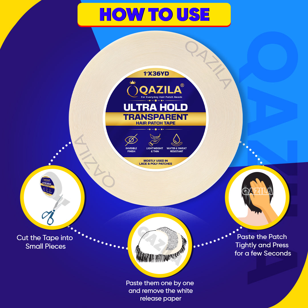 Qazila Ultra Hold Transparent Hair Patch Tape| No shine| Invisible Finish for Undetectable Hairline| Very Stretchy & Comfortable| Extra Strong Hold upto 2 weeks( 20-30 days with Glue)| Skin-Safe | Water & Sweat Resistant | 36 Yard Roll| White