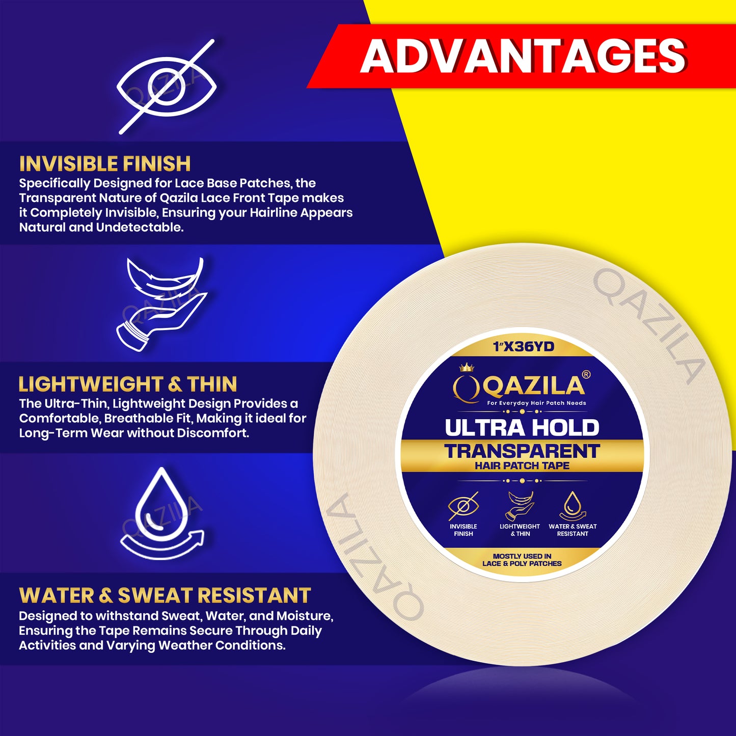 Qazila Ultra Hold Transparent Hair Patch Tape| No shine| Invisible Finish for Undetectable Hairline| Very Stretchy & Comfortable| Extra Strong Hold upto 2 weeks( 20-30 days with Glue)| Skin-Safe | Water & Sweat Resistant | 36 Yard Roll| White