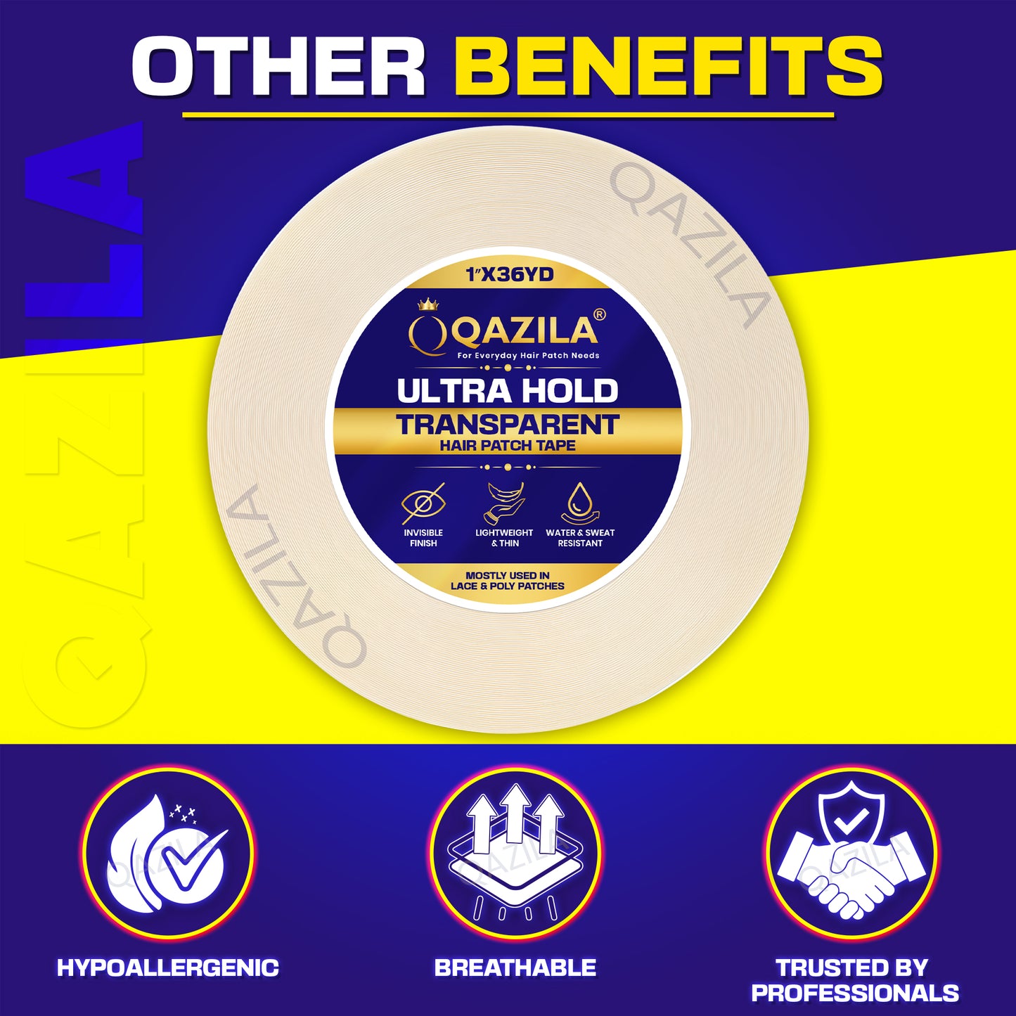 Qazila Ultra Hold Transparent Hair Patch Tape| No shine| Invisible Finish for Undetectable Hairline| Very Stretchy & Comfortable| Extra Strong Hold upto 2 weeks( 20-30 days with Glue)| Skin-Safe | Water & Sweat Resistant | 36 Yard Roll| White