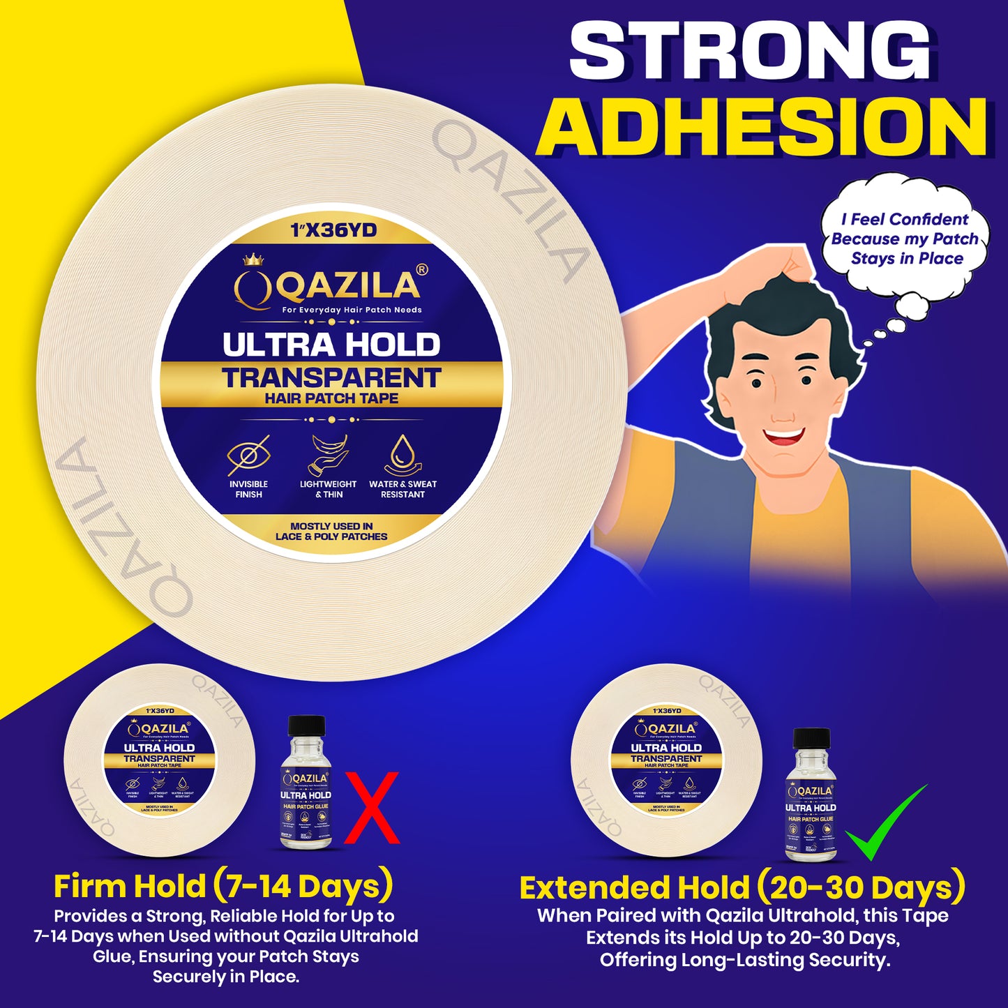 Qazila Ultra Hold Transparent Hair Patch Tape| No shine| Invisible Finish for Undetectable Hairline| Very Stretchy & Comfortable| Extra Strong Hold upto 2 weeks( 20-30 days with Glue)| Skin-Safe | Water & Sweat Resistant | 36 Yard Roll| White