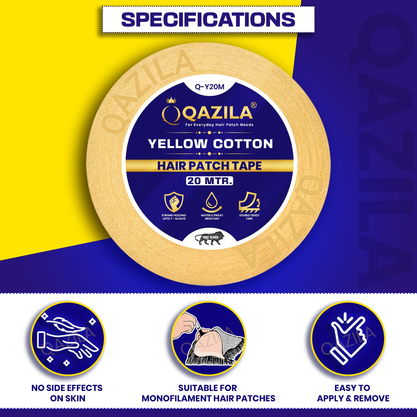 Qazila Yellow Cotton Hair Patch Tape | Strong Hold upto 7-14 Days | Water & Sweat Resistant | Skin-Friendly | 1 inch | 20 Meter Roll
