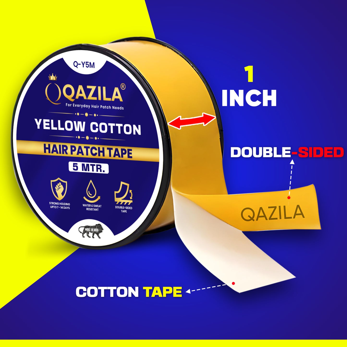 Qazila Hair Patch Tape - Waterproof, Strong Hold for 2 Weeks | Yellow Cotton-Cloth Tape for Hair Replacement Systems (1 Inch, 5m Roll