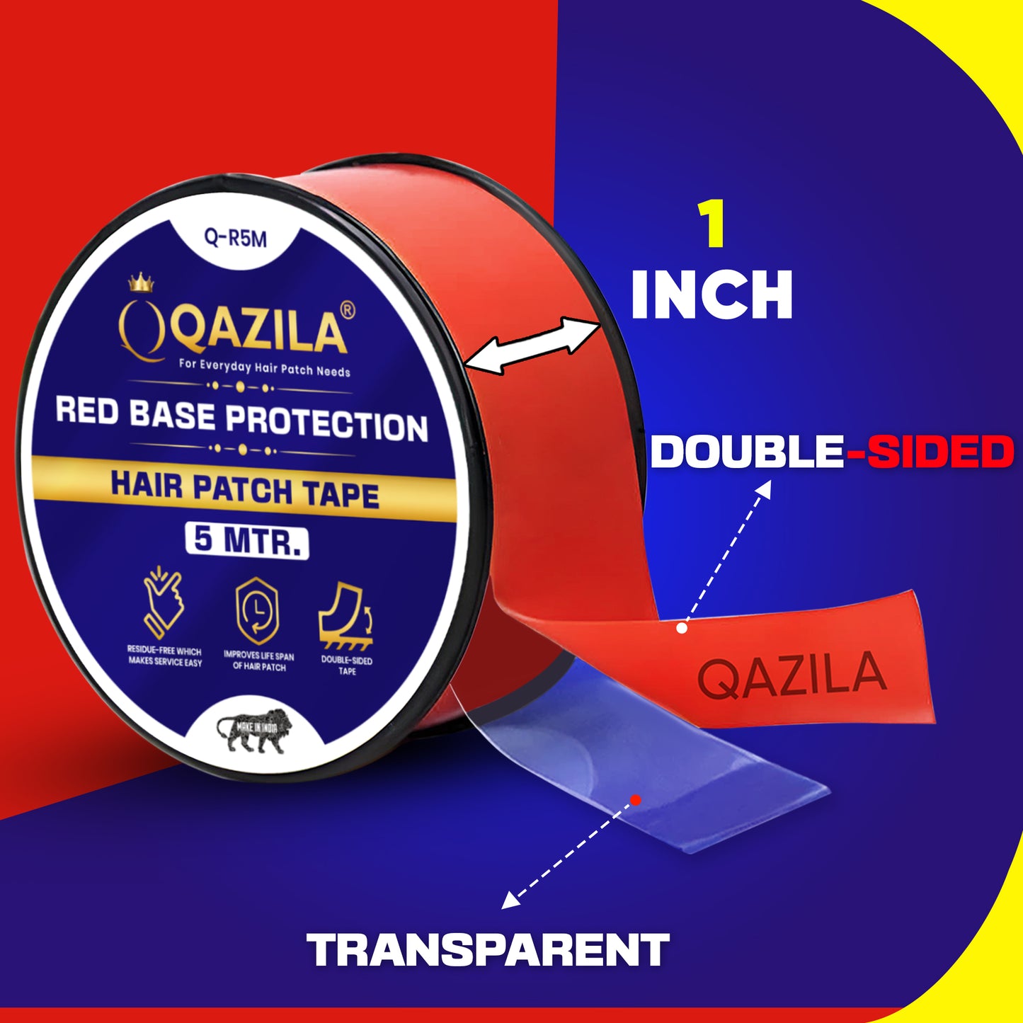 Qazila Red Tape for Hair Patch| Transparent| For Base Protection & Easy Cleanup| Very Low Residue Tape 5mtr