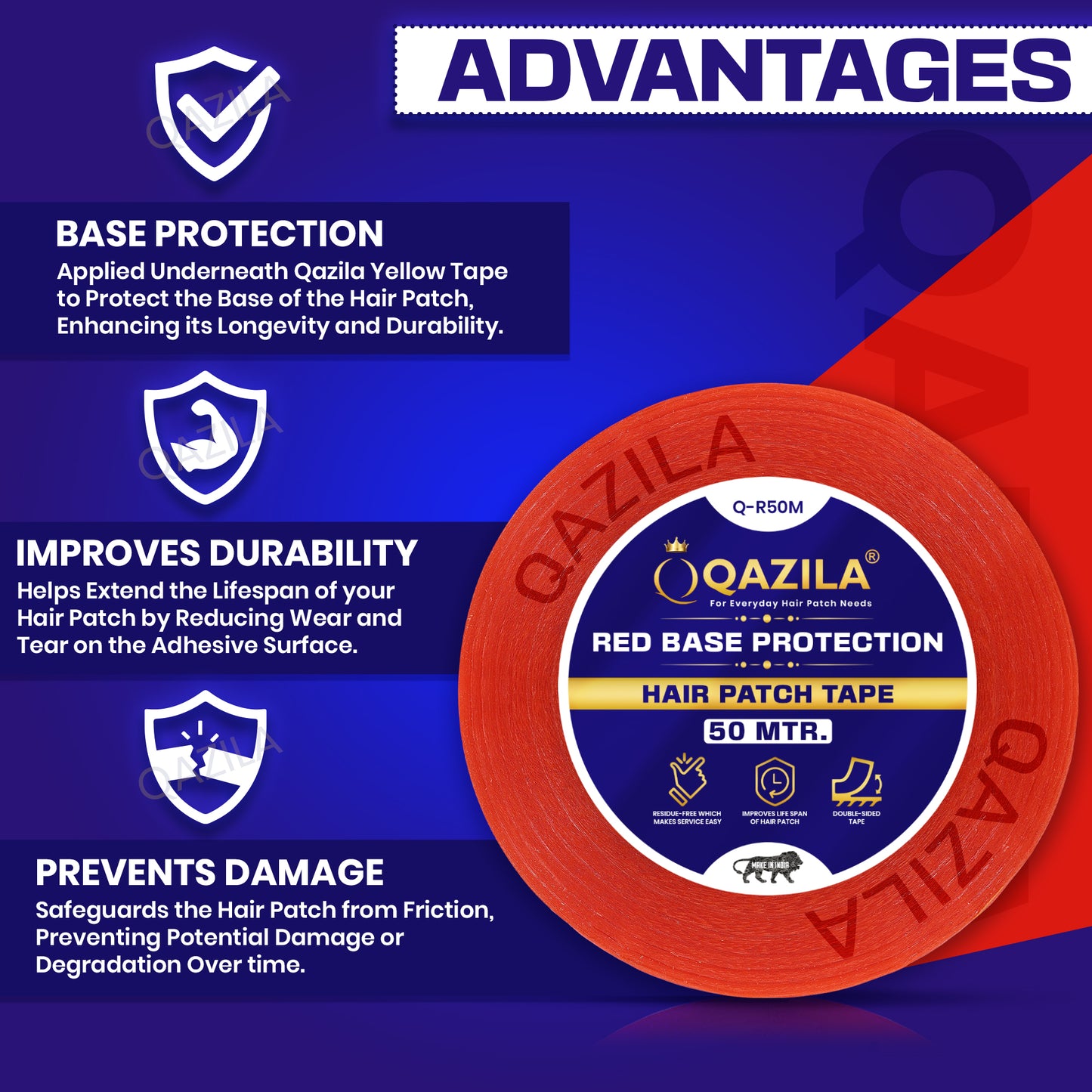 Qazila Red Tape for Hair Patch| Transparent| For Base Protection & Easy Cleanup| Very Low Residue Tape| 50 Meters