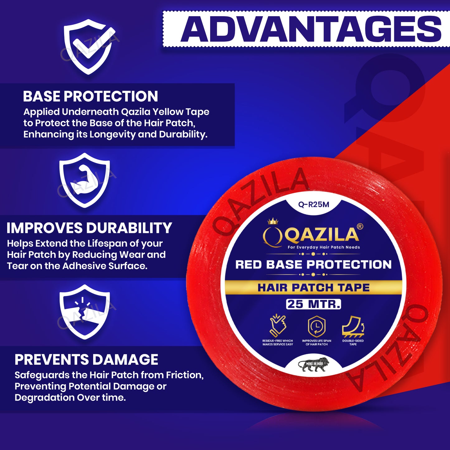 Qazila Red Base Protection Tape for Hair Patch| Transparent| Residue-Free & Easy Cleanup| 1 Inch| 25 Meter Roll