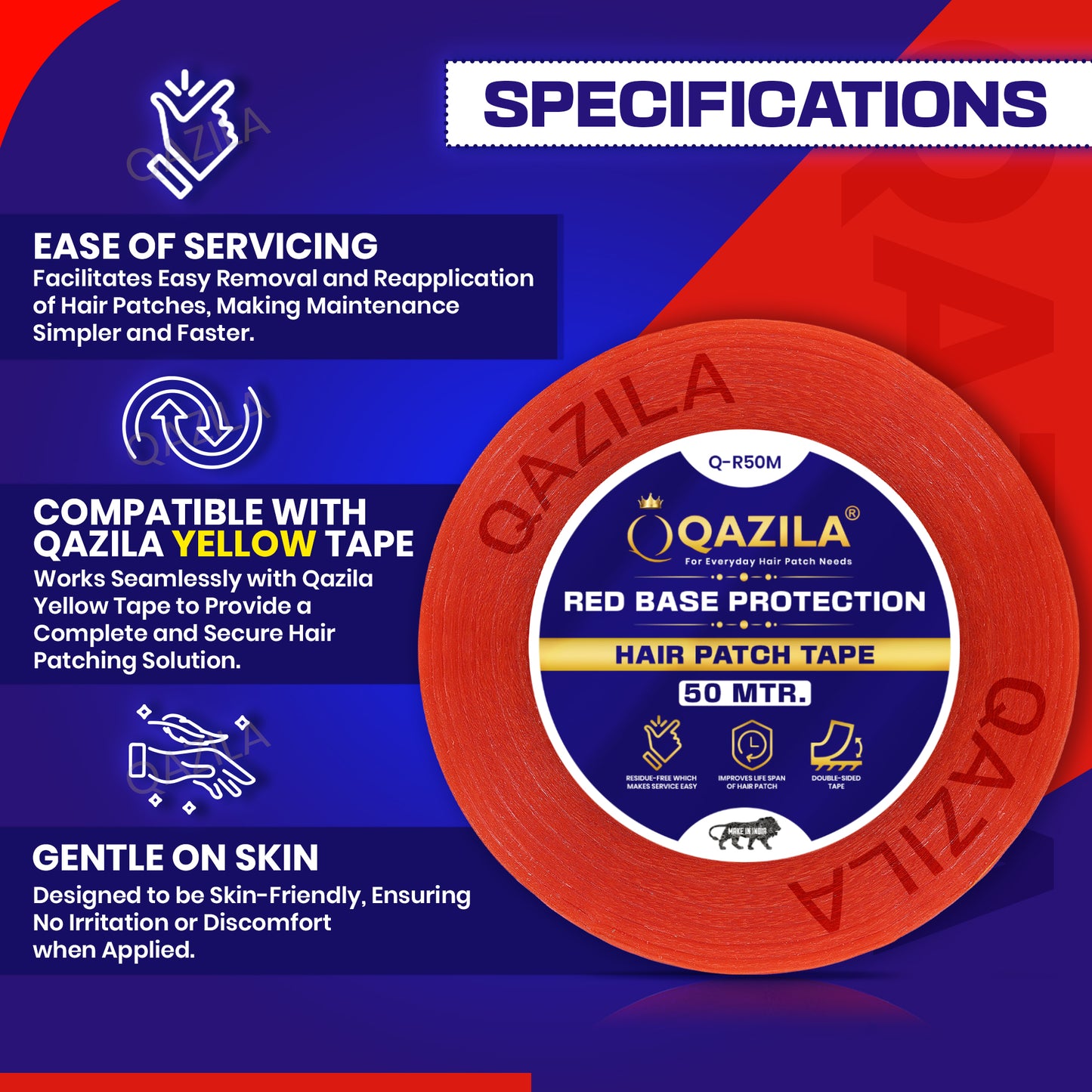Qazila Red Tape for Hair Patch| Transparent| For Base Protection & Easy Cleanup| Very Low Residue Tape| 50 Meters