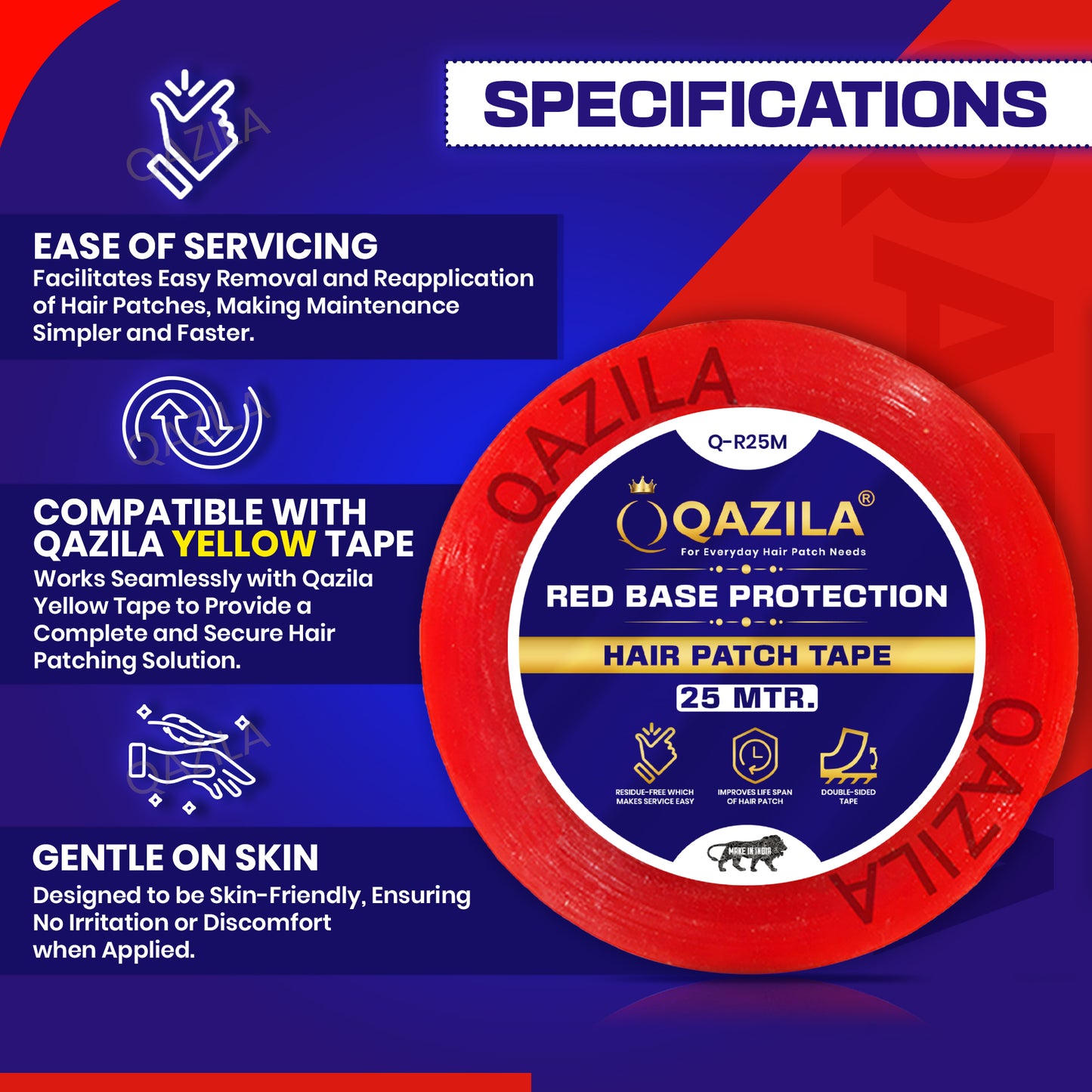 Qazila Red Base Protection Tape for Hair Patch| Transparent| Residue-Free & Easy Cleanup| 1 Inch| 25 Meter Roll