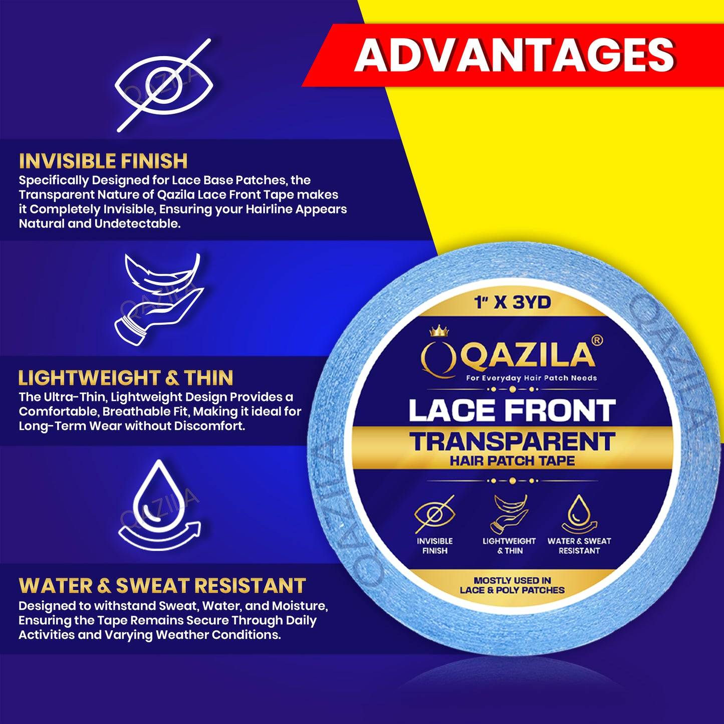 Qazila Lace Front Tape For Hair Patch & Wigs| Transparent with Dull Finish| Undetectable| Very Stretchy and Comfortable| Hypoallergenic