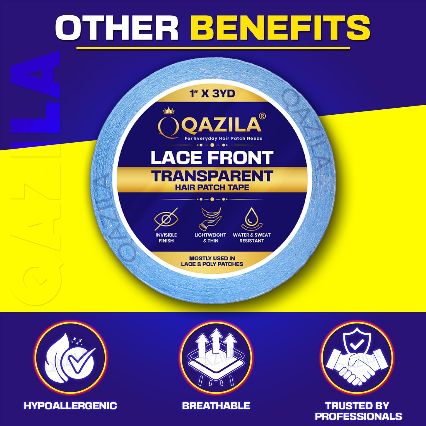 Qazila Lace Front Tape For Hair Patch & Wigs| Transparent with Dull Finish| Undetectable| Very Stretchy and Comfortable| Hypoallergenic