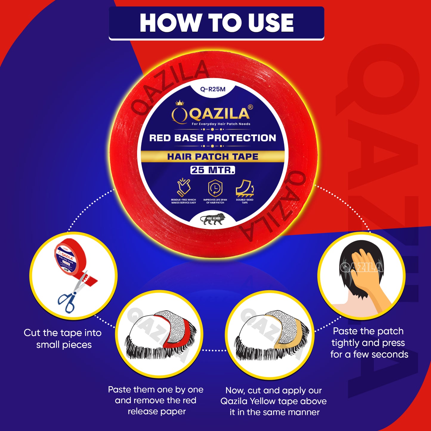 Qazila Red Base Protection Tape for Hair Patch| Transparent| Residue-Free & Easy Cleanup| 1 Inch| 25 Meter Roll