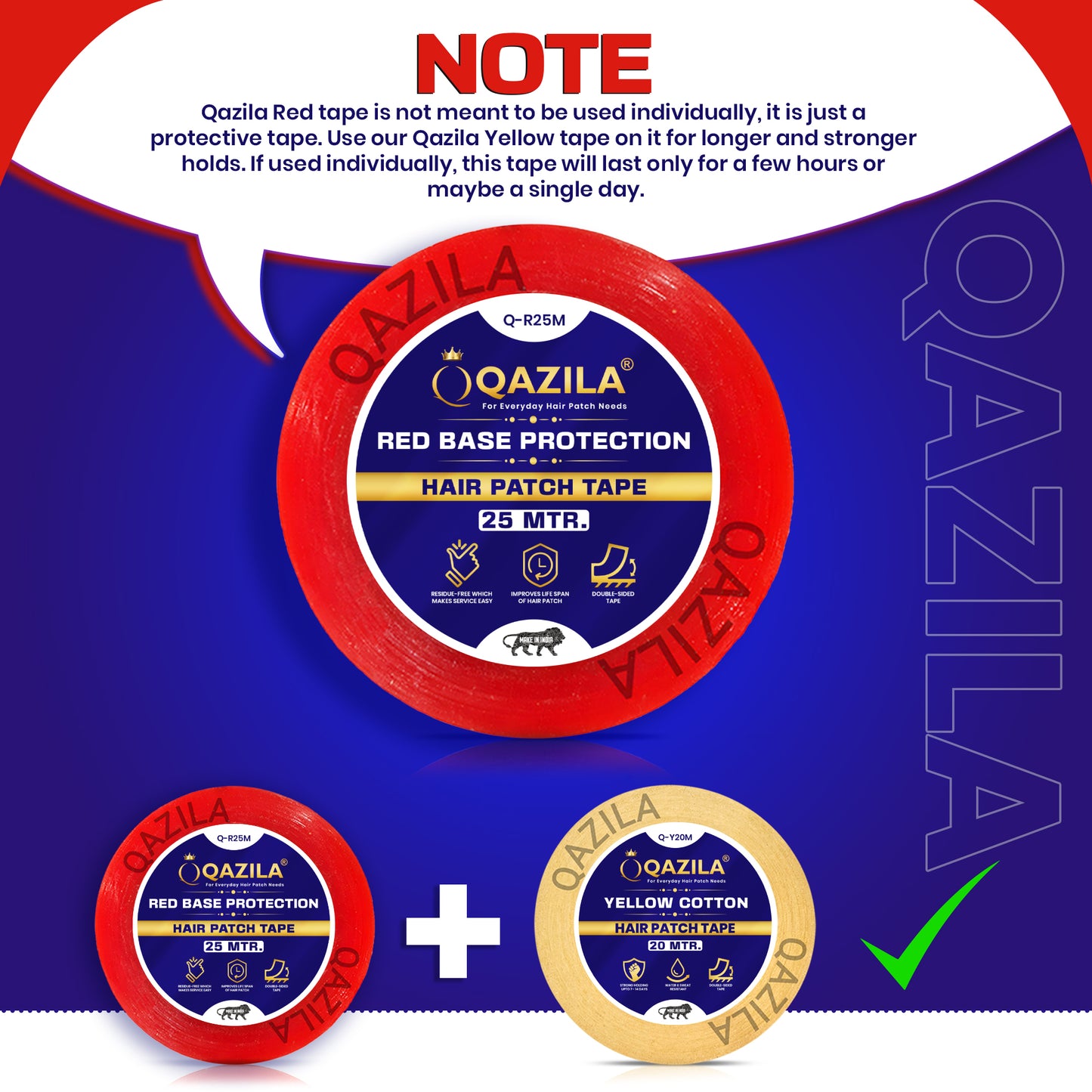 Qazila Red Base Protection Tape for Hair Patch| Transparent| Residue-Free & Easy Cleanup| 1 Inch| 25 Meter Roll