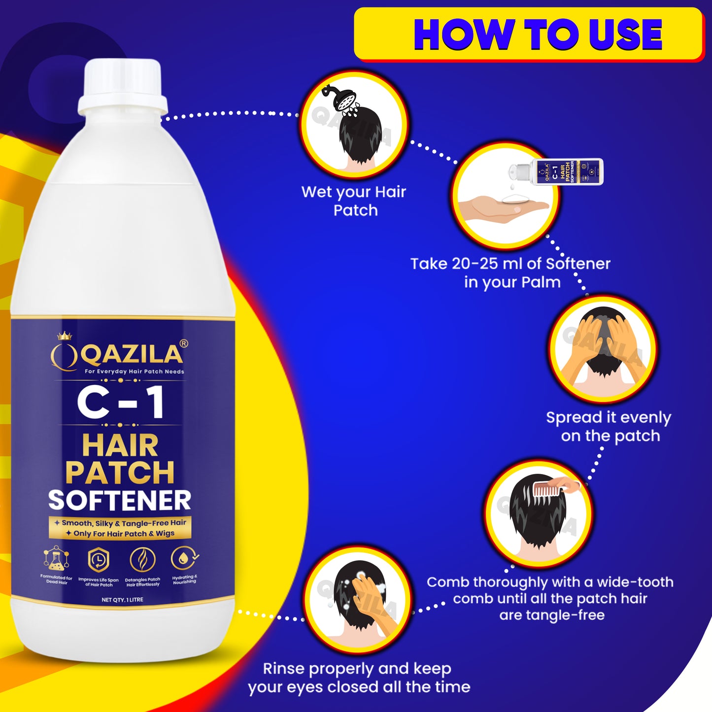 Qazila C-1 Hair Patch Softener | Hair Patch Conditioner | Hair Patch Wash Chemical | Soft, Silky and Tangle-Free Hair| 1Ltr