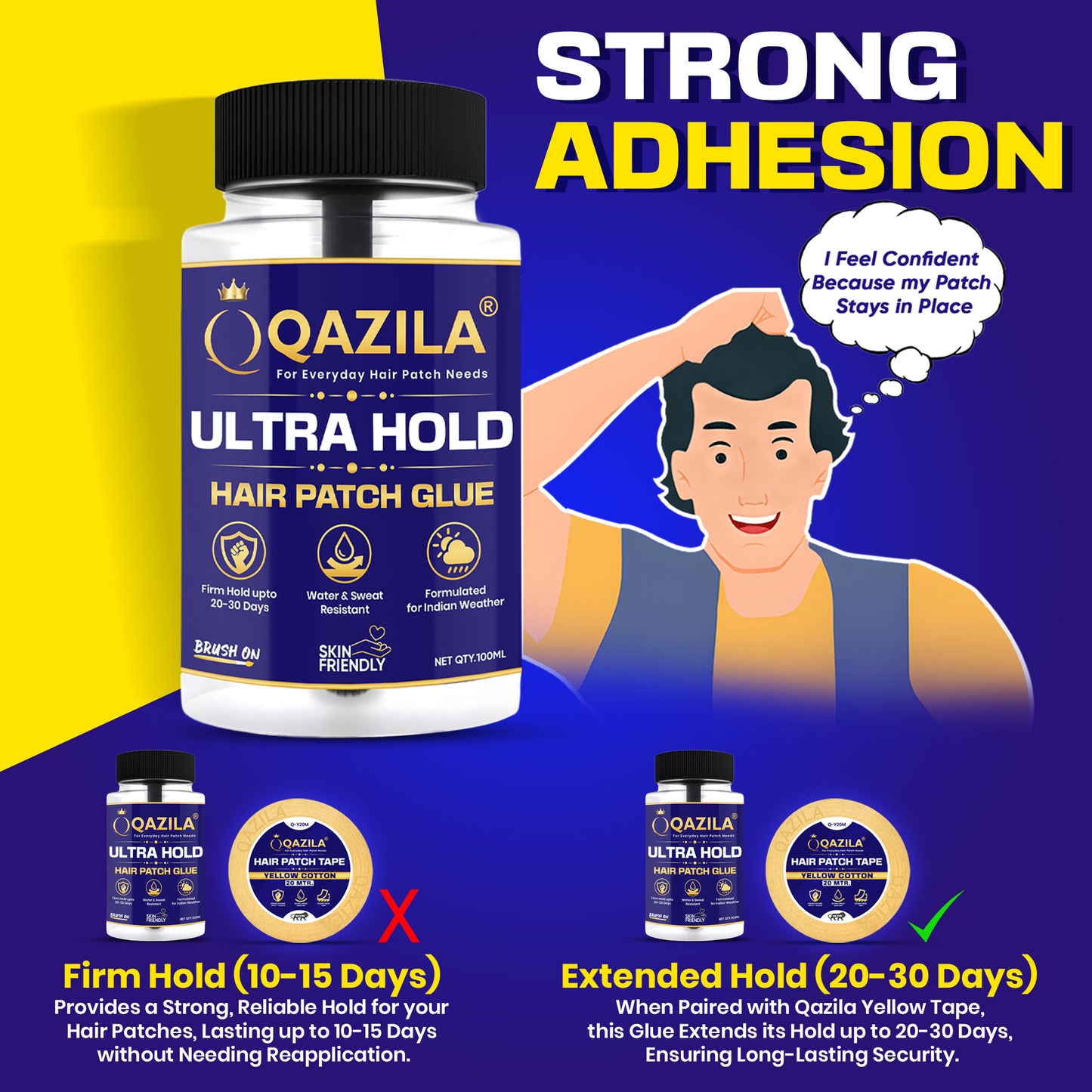 Qazila Ultra Hold Glue For Hair Patch| Strong Hold| Skin-Friendly| Hold upto 3-4 weeks | 100ml