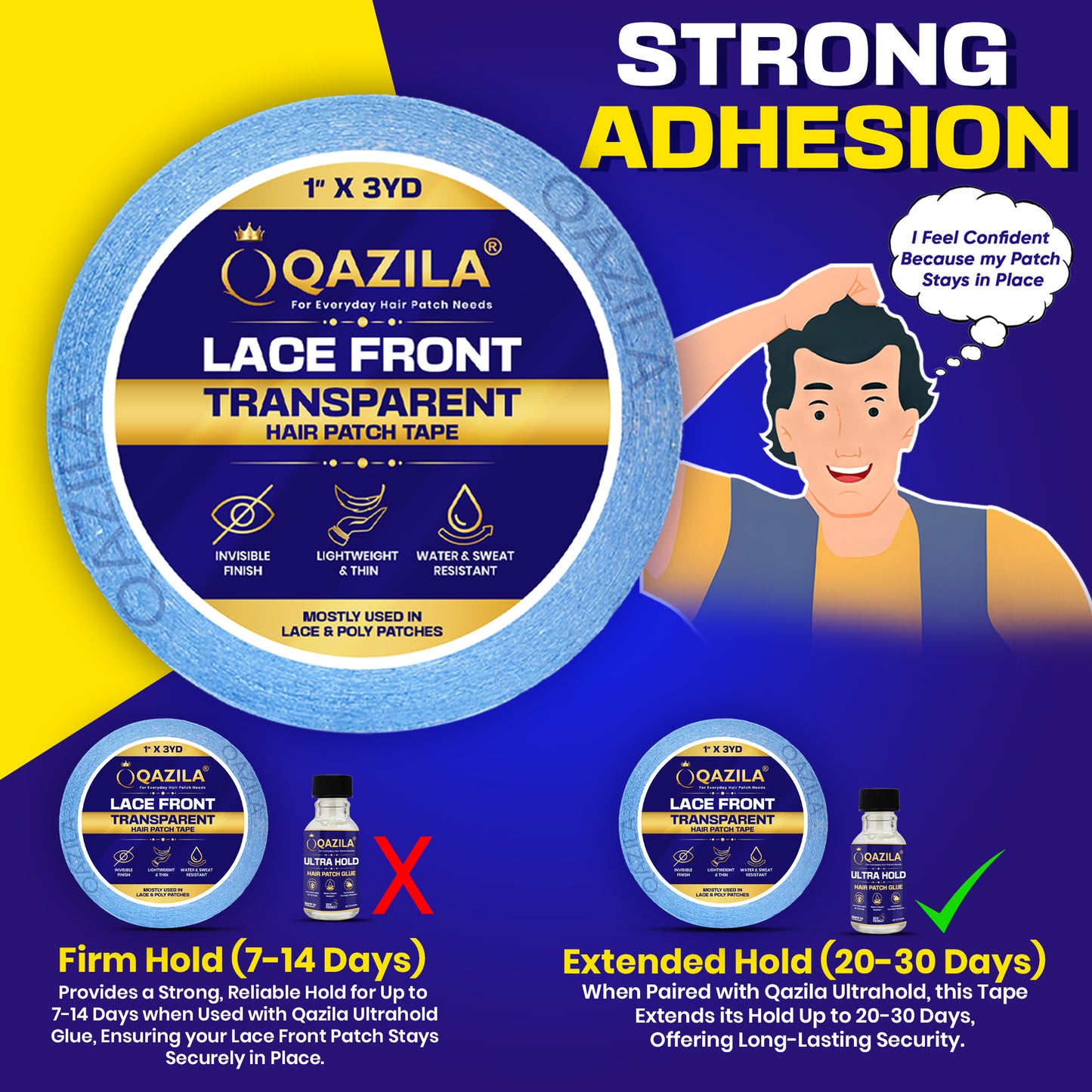 Qazila Lace Front Tape For Hair Patch & Wigs| Transparent with Dull Finish| Undetectable| Very Stretchy and Comfortable| Hypoallergenic