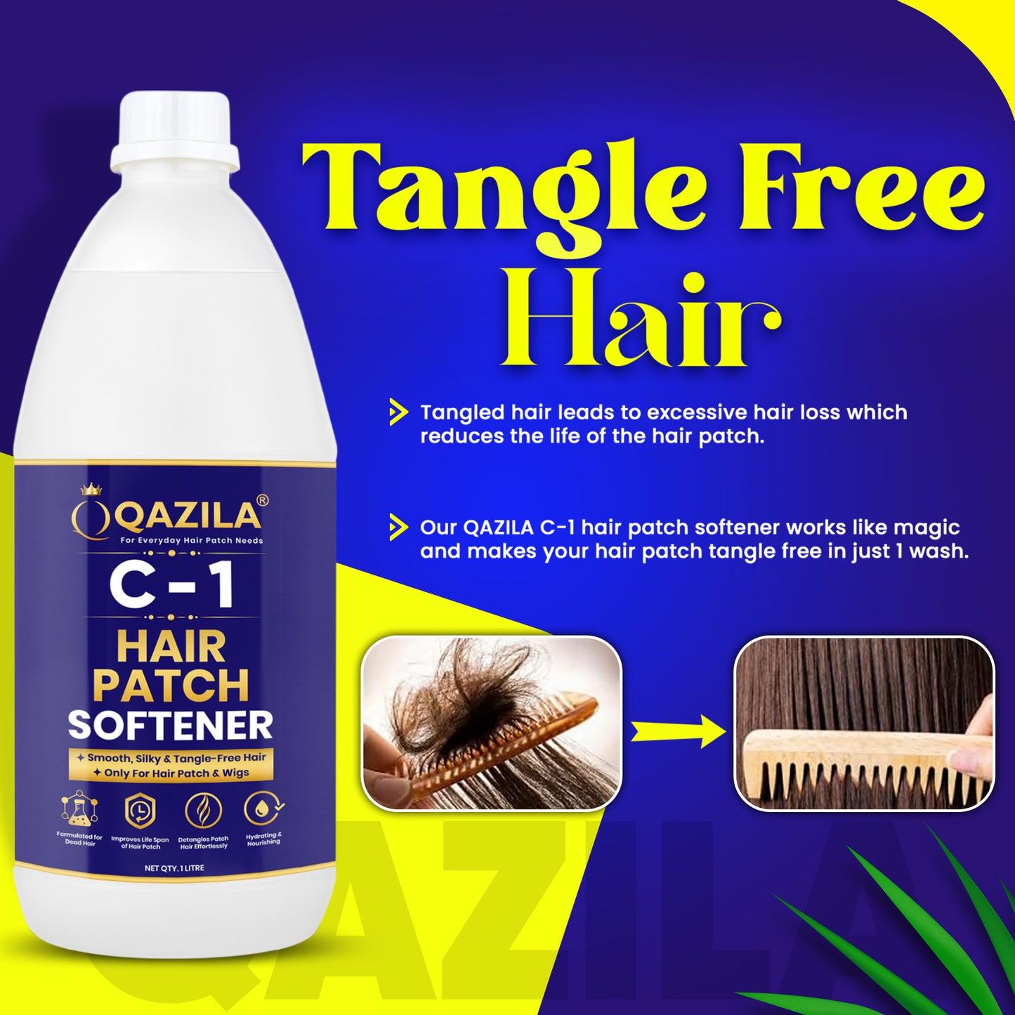 Qazila C-1 Hair Patch Softener | Hair Patch Conditioner | Hair Patch Wash Chemical | Soft, Silky and Tangle-Free Hair| 1Ltr