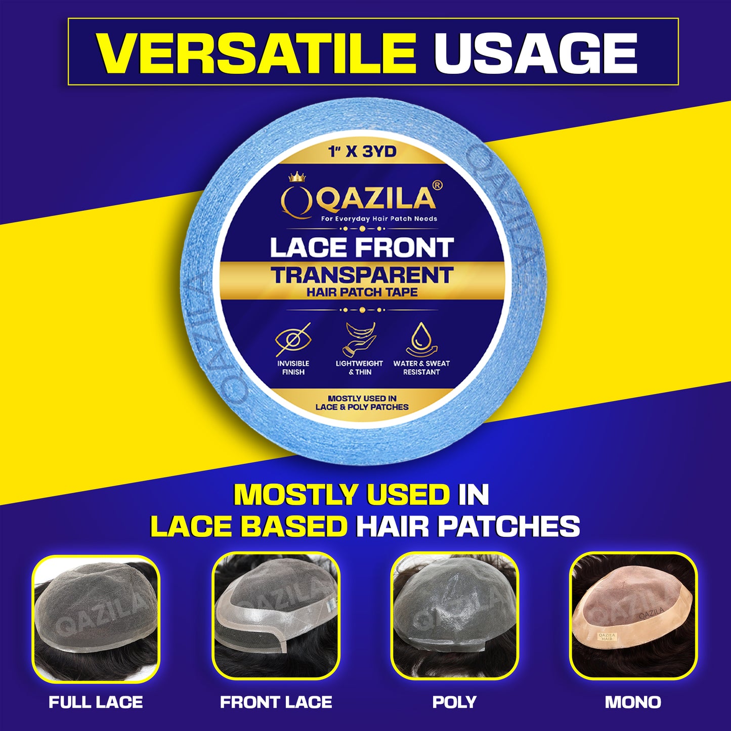 Qazila Lace Front Tape For Hair Patch & Wigs| Transparent with Dull Finish| Undetectable| Very Stretchy and Comfortable| Hypoallergenic