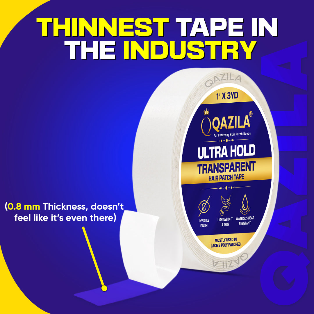 Qazila Ultra Hold Transparent Hair Patch Tape| No shine| Invisible Finish for Undetectable Hairline| Very Stretchy & Comfortable| Extra Strong Hold upto 2 weeks( 20-30 days with Glue)| Skin-Safe | Water & Sweat Resistant | 3 Yard Roll| White