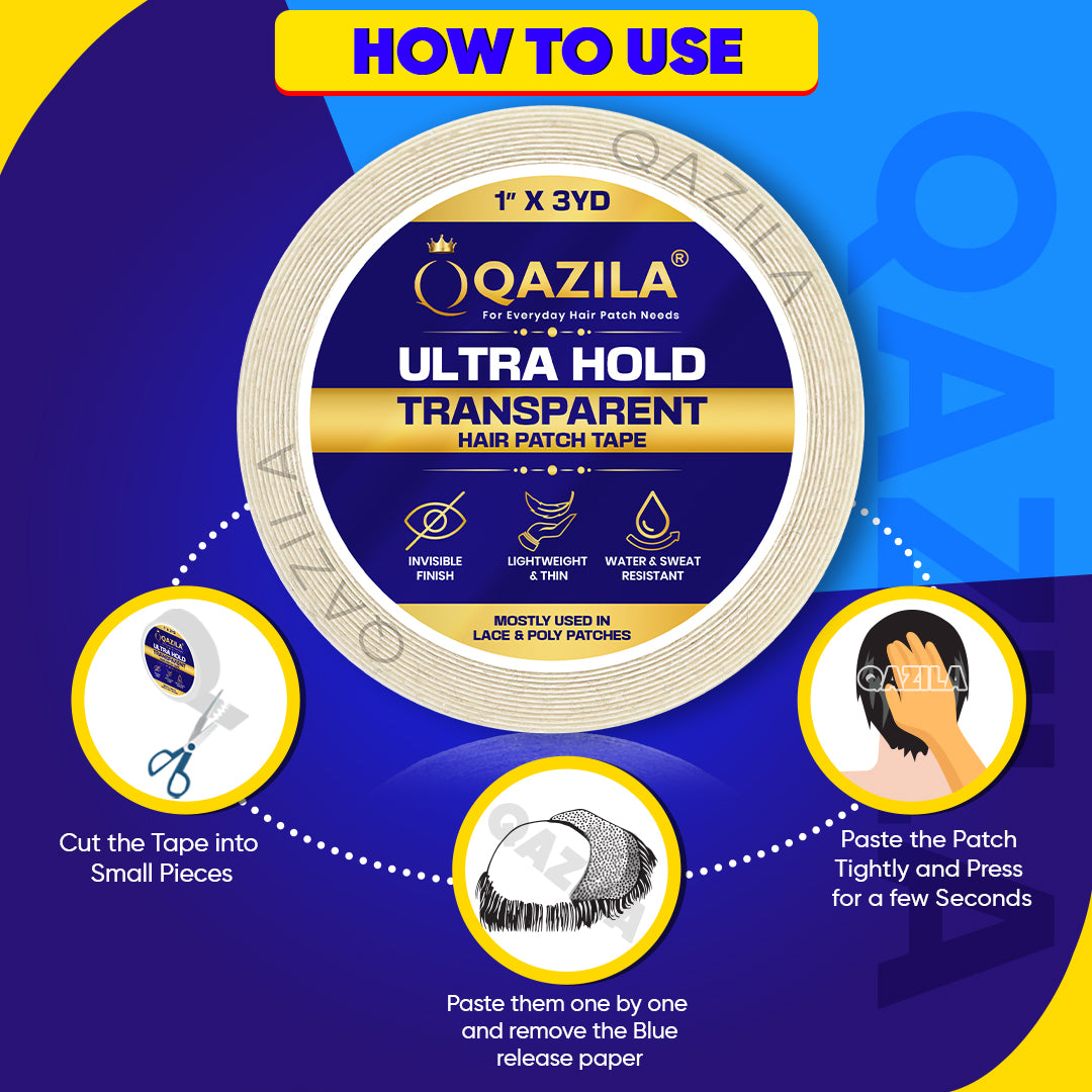 Qazila Ultra Hold Transparent Hair Patch Tape| No shine| Invisible Finish for Undetectable Hairline| Very Stretchy & Comfortable| Extra Strong Hold upto 2 weeks( 20-30 days with Glue)| Skin-Safe | Water & Sweat Resistant | 3 Yard Roll| White