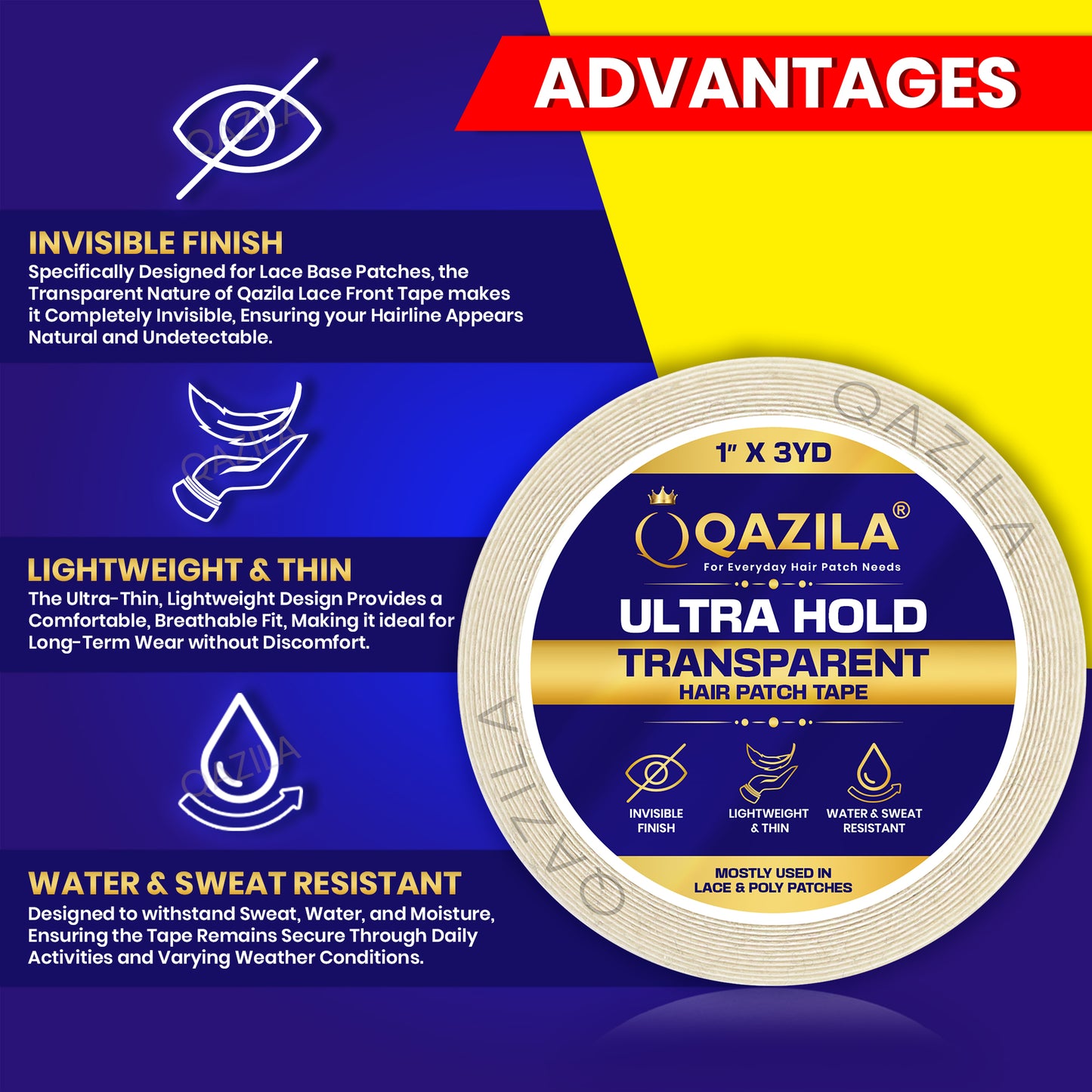 Qazila Ultra Hold Transparent Hair Patch Tape| No shine| Invisible Finish for Undetectable Hairline| Very Stretchy & Comfortable| Extra Strong Hold upto 2 weeks( 20-30 days with Glue)| Skin-Safe | Water & Sweat Resistant | 3 Yard Roll| White