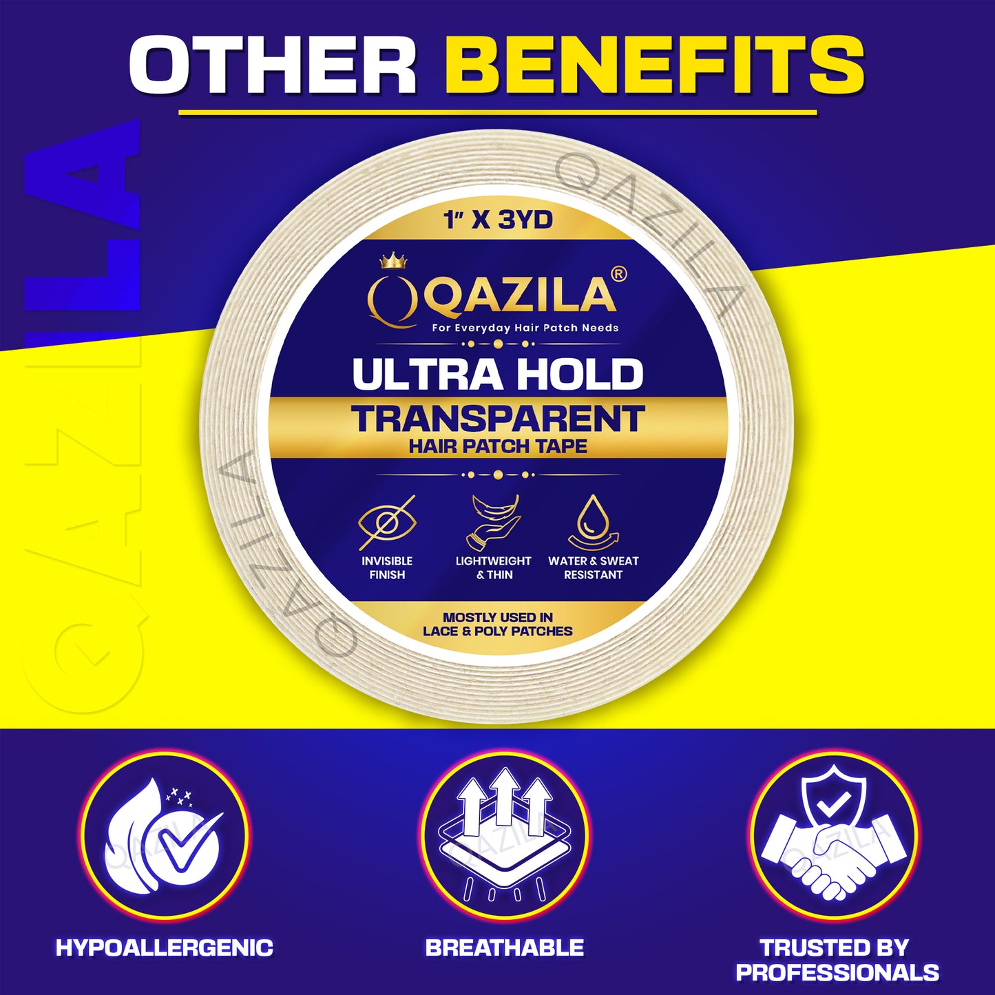 Qazila Ultra Hold Transparent Hair Patch Tape| No shine| Invisible Finish for Undetectable Hairline| Very Stretchy & Comfortable| Extra Strong Hold upto 2 weeks( 20-30 days with Glue)| Skin-Safe | Water & Sweat Resistant | 3 Yard Roll| White
