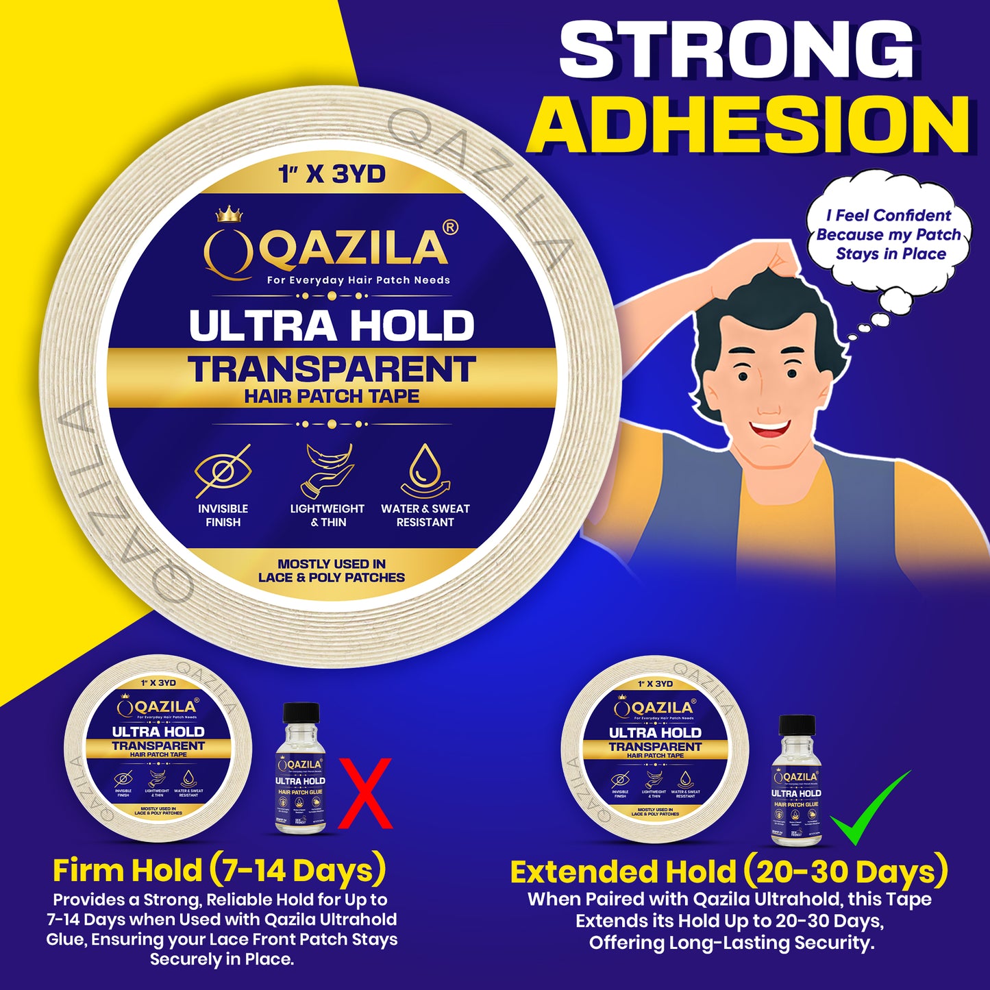 Qazila Ultra Hold Transparent Hair Patch Tape| No shine| Invisible Finish for Undetectable Hairline| Very Stretchy & Comfortable| Extra Strong Hold upto 2 weeks( 20-30 days with Glue)| Skin-Safe | Water & Sweat Resistant | 3 Yard Roll| White
